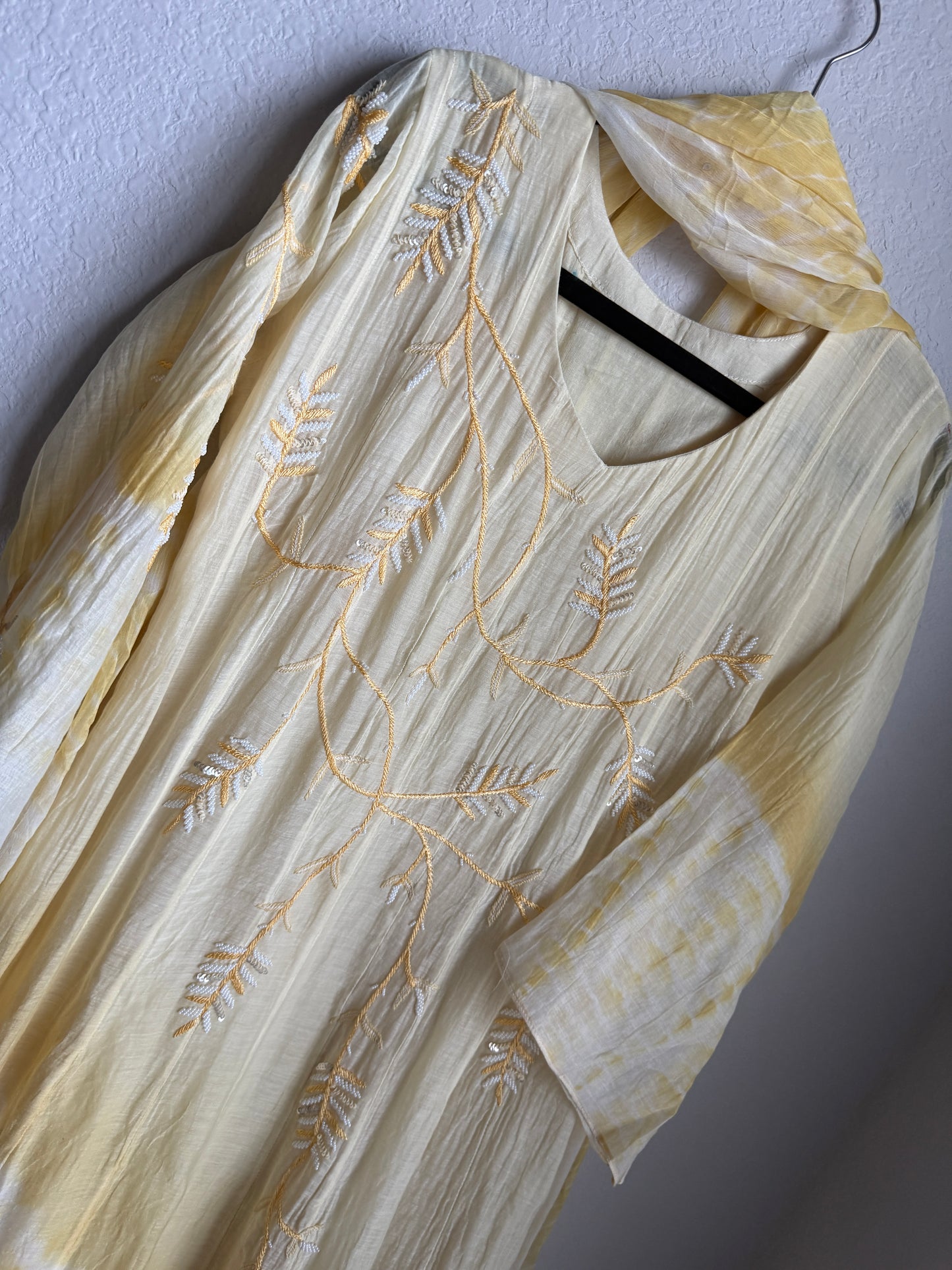 Pastel yellow handwork pure mul chanderi anarkali suit set