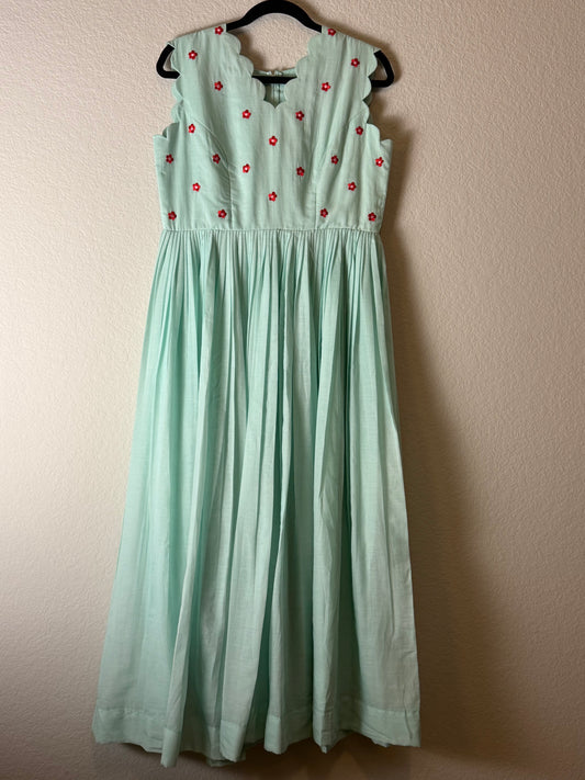 Sea Green Mul Cotton Scalloped Sleeveless Dress