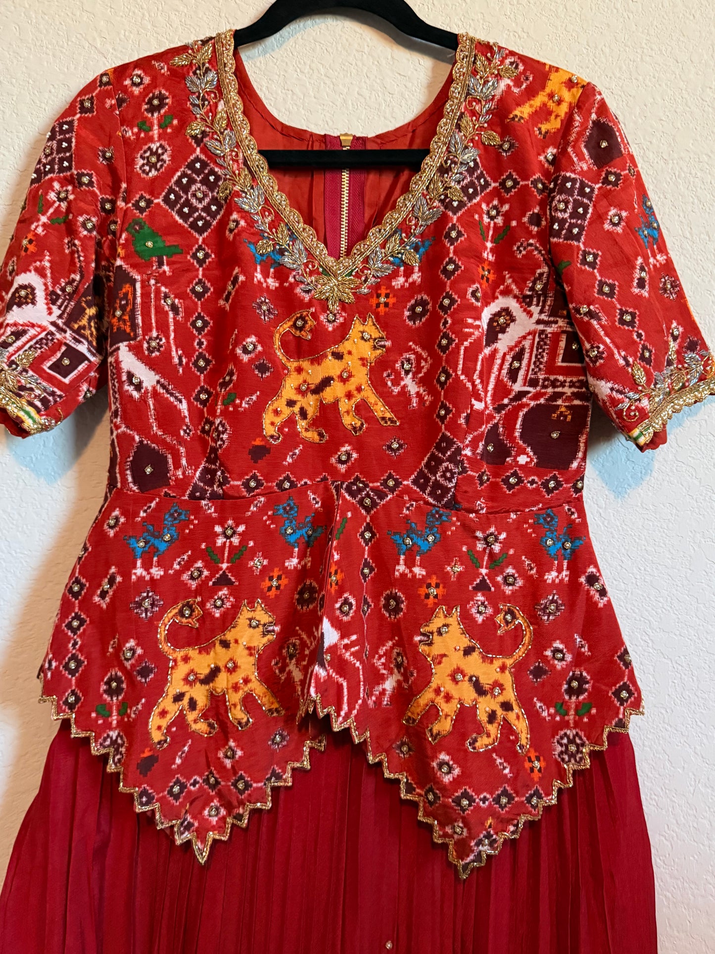 Rust Orange Pure Patola Diamond Cut Pattern Peplum Top with Skirt Set