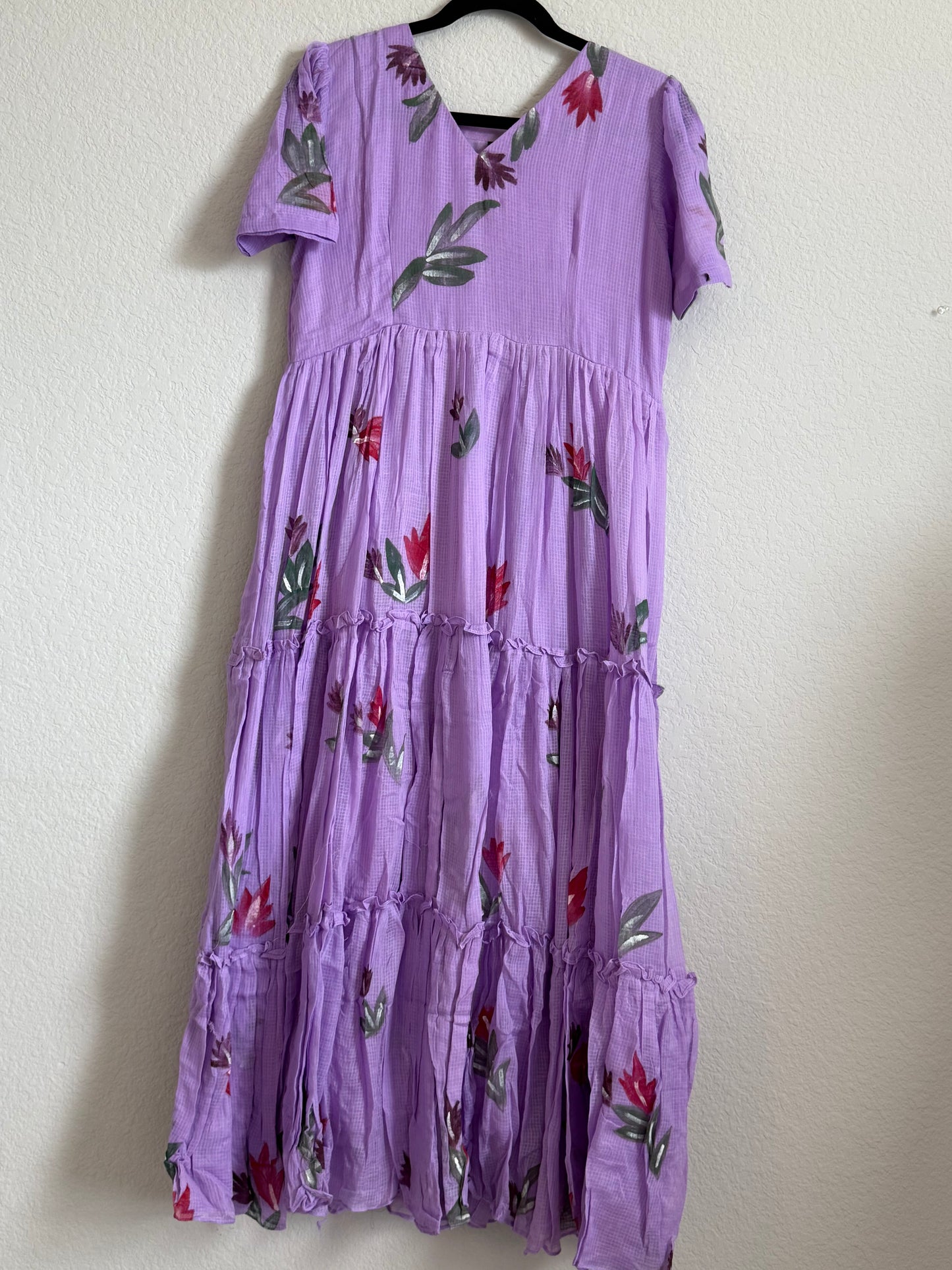 Lavendar Handpainted Floral Kota Frock