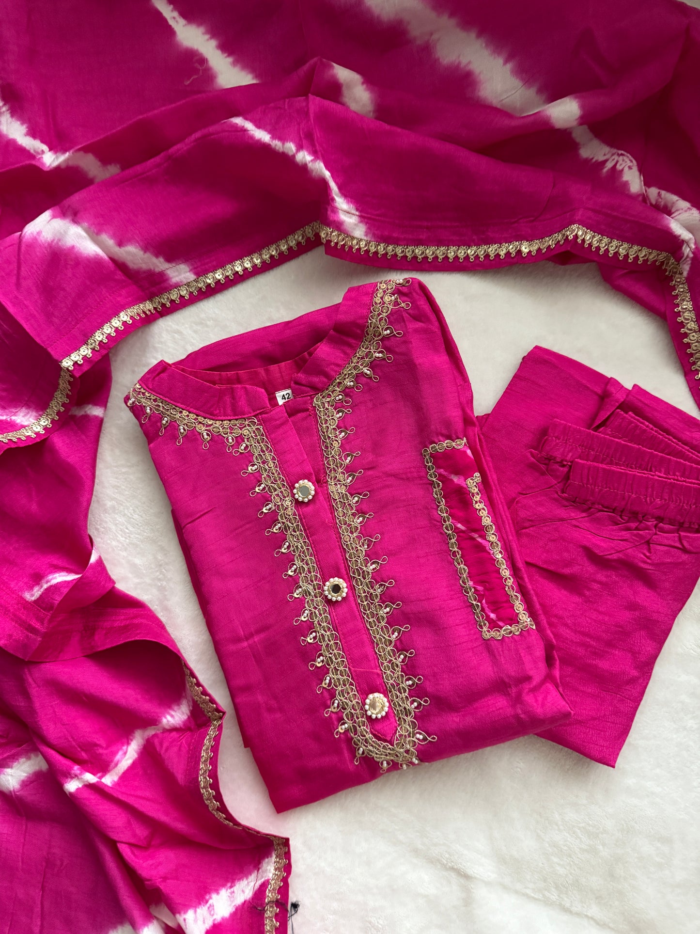 Pink Dola Silk Heavy Work Straight Cut Kurti Set with Leheriya Dupatta
