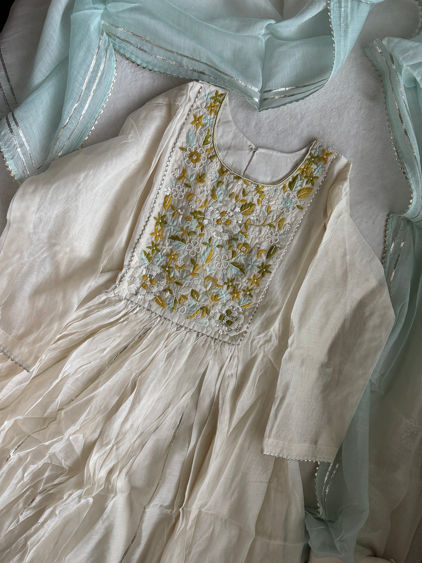 Ivory Mul Chanderi Anarkali Kurti Set – Elegant & Lightweight Festive Wear