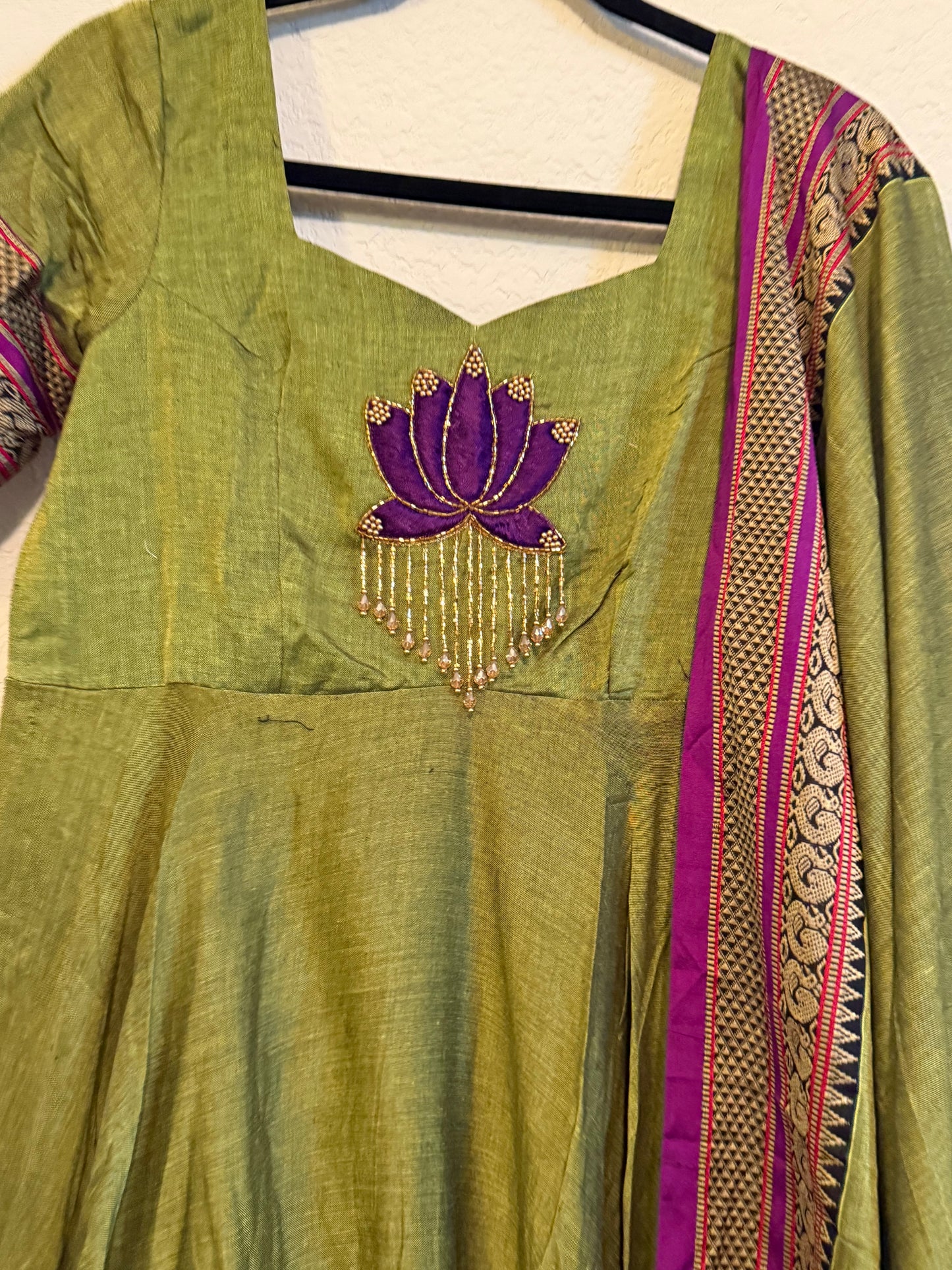 Green Narayanpet Maggam Work Anarkali with Dupatta