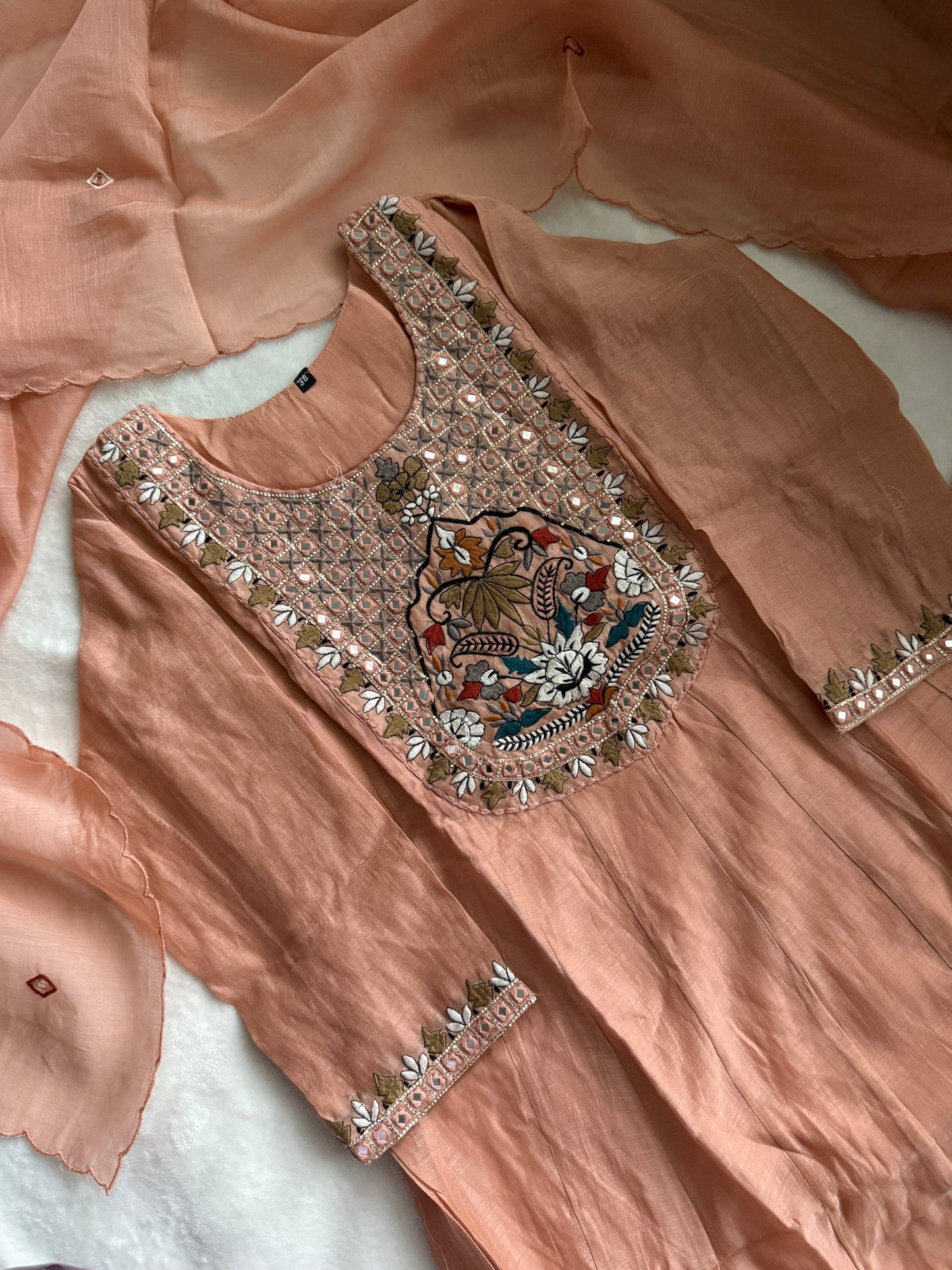 Peach shade pure mul chanderi embroidered anarkali set