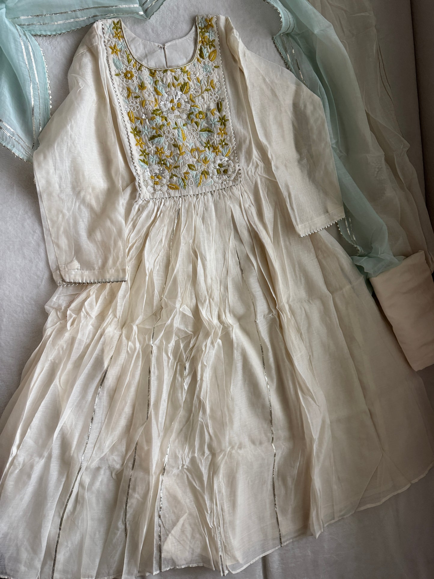 Ivory Mul Chanderi Anarkali Kurti Set – Elegant & Lightweight Festive Wear
