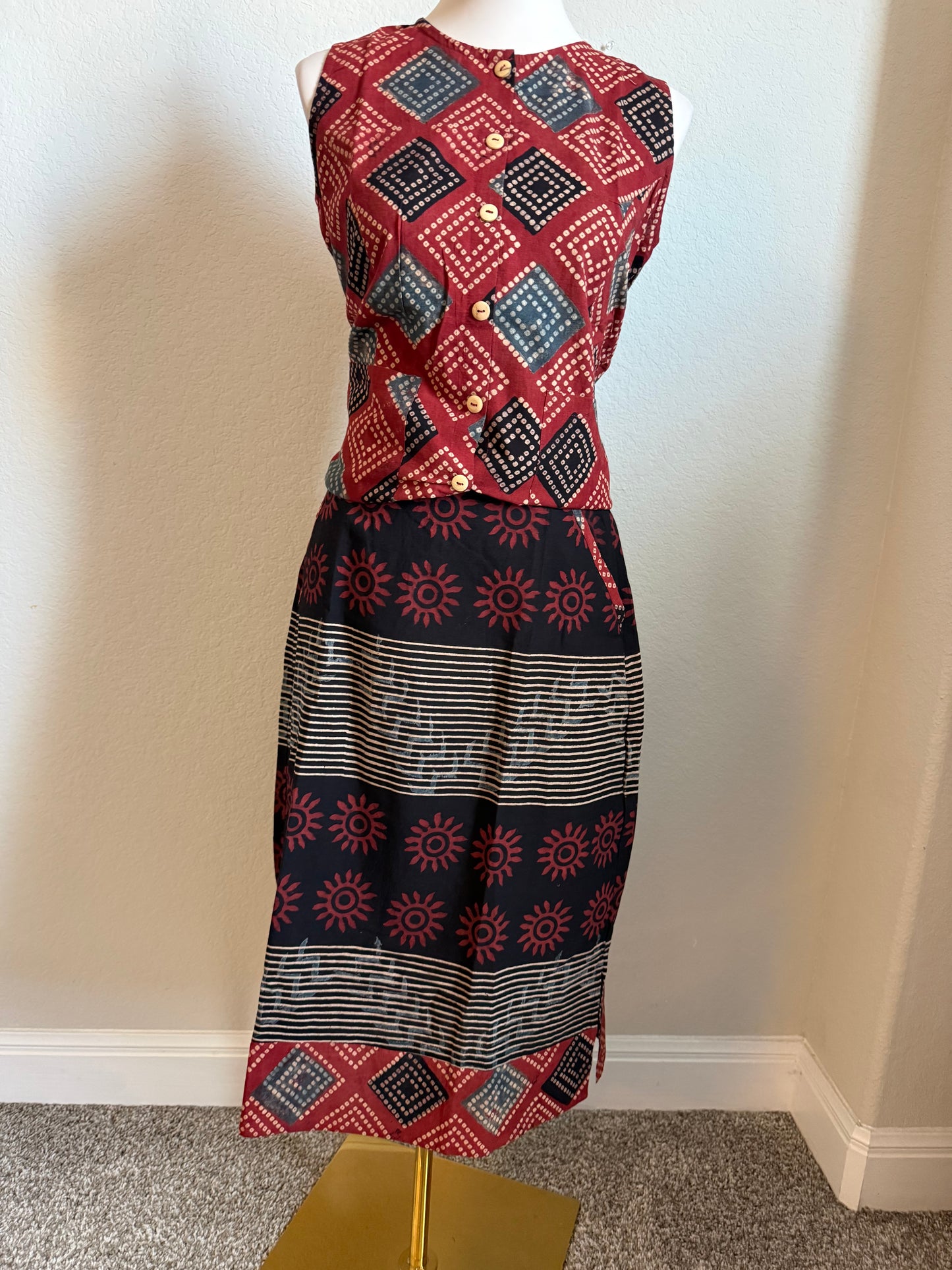Maroon and Black Cotton Top with Cotton Skirt