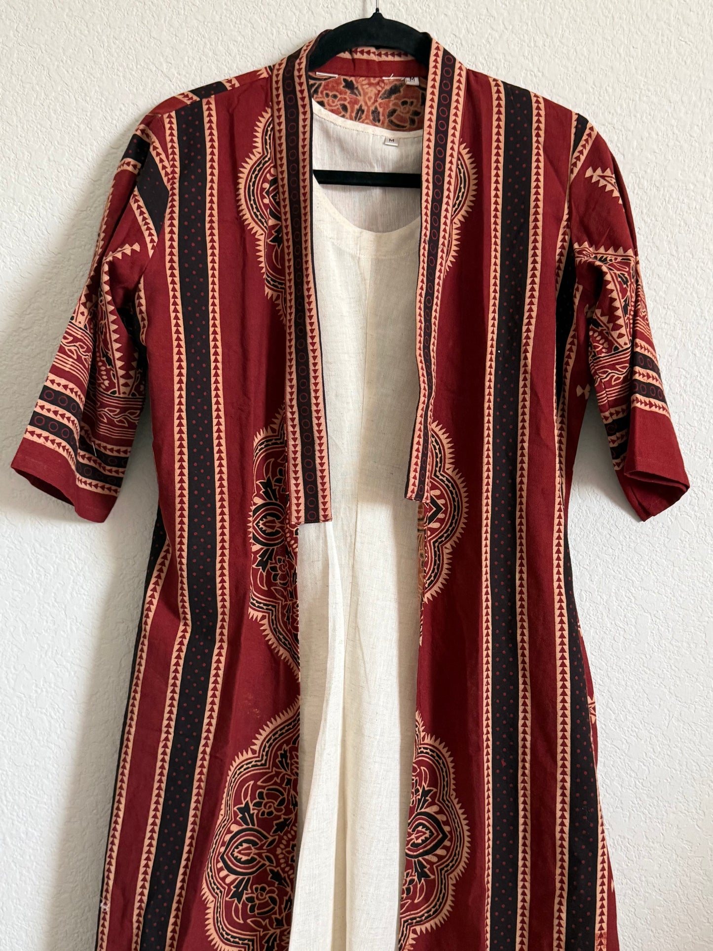 Maroon Ajrakh Coat Model Dress with Half White Cotton Sleeveless Inner