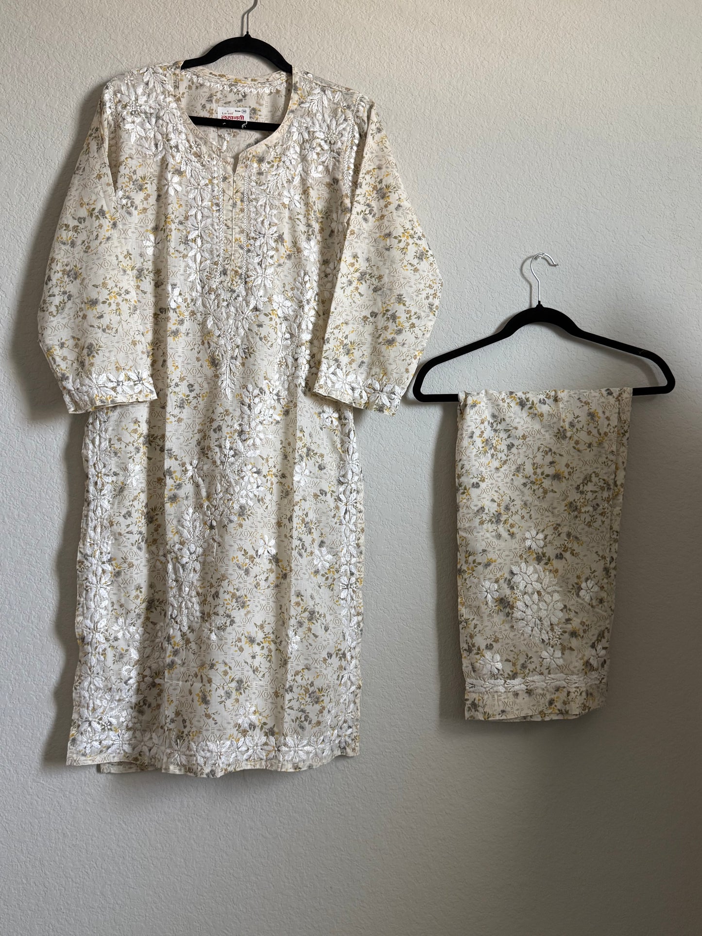 Yellow Floral Printed Cotton Chikankari Coord Set - Top with Palazzo