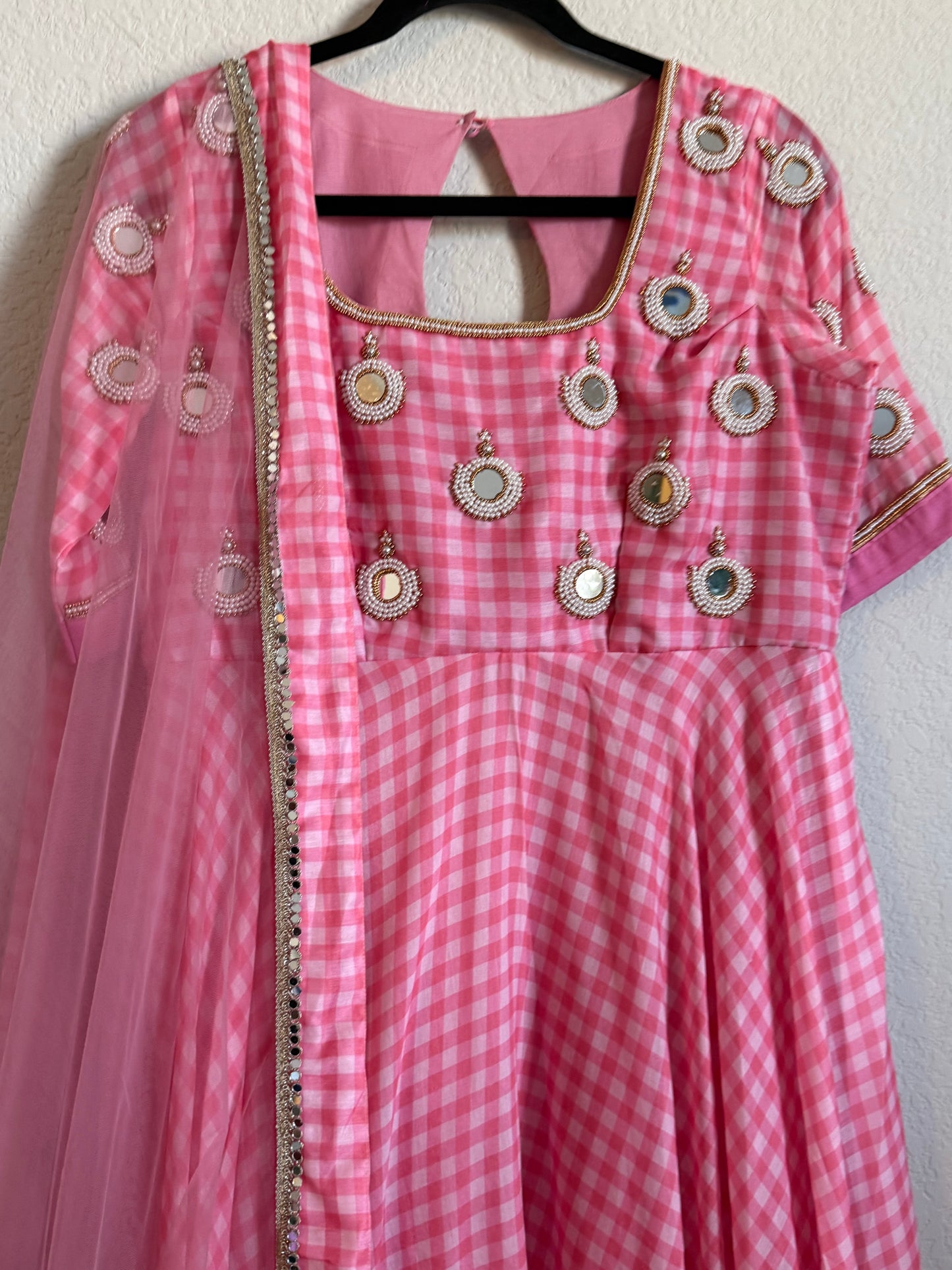 Light Pink checks heavy mirror work anarkali set - top with dupatta