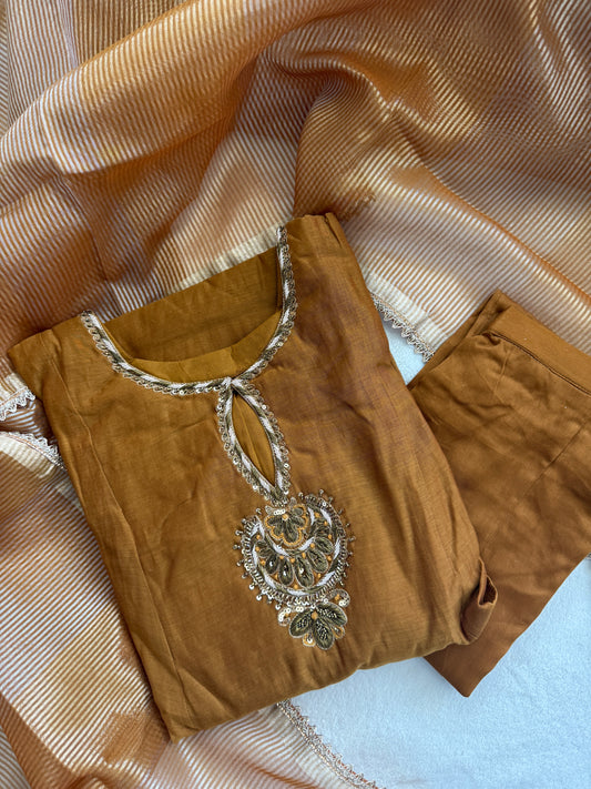 Coffee Brown Shade pure mul chanderi handwork suit set with tissue dupatta