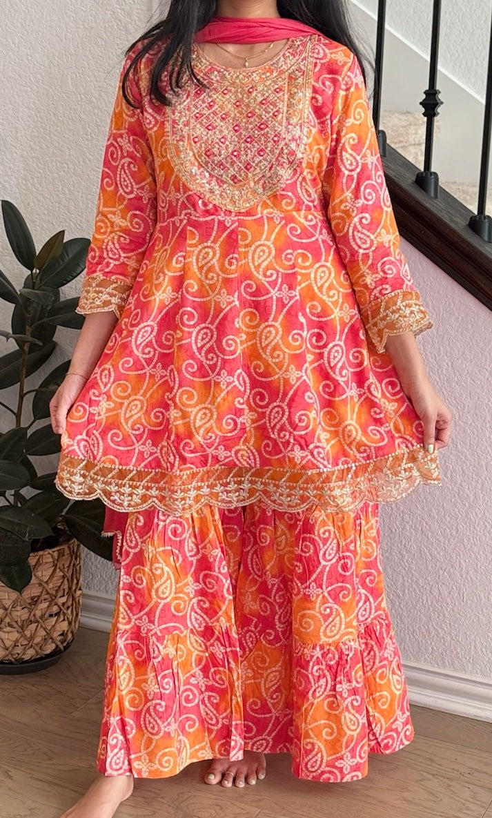 Orange and red bandhini sharara set