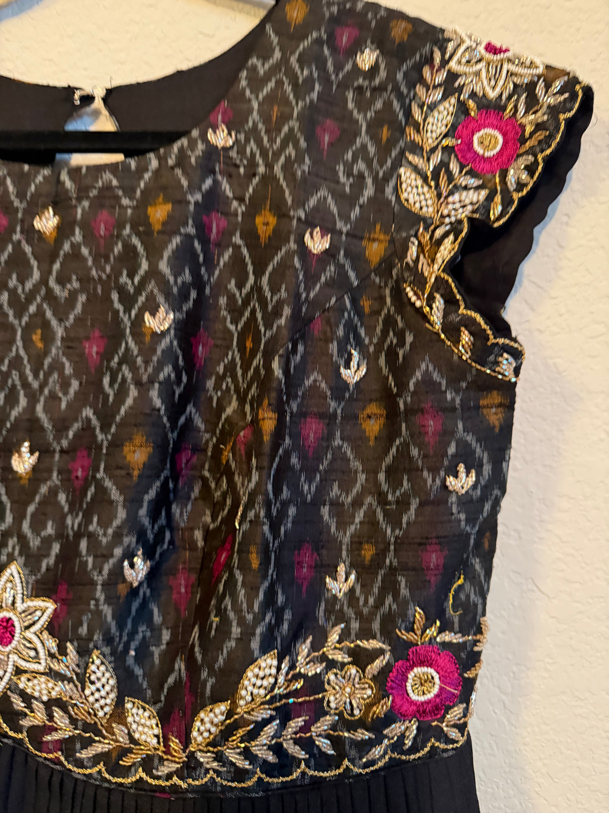 Black Raw Silk Ikkath Maggam Work Designer Long Dress with Short Sleeve