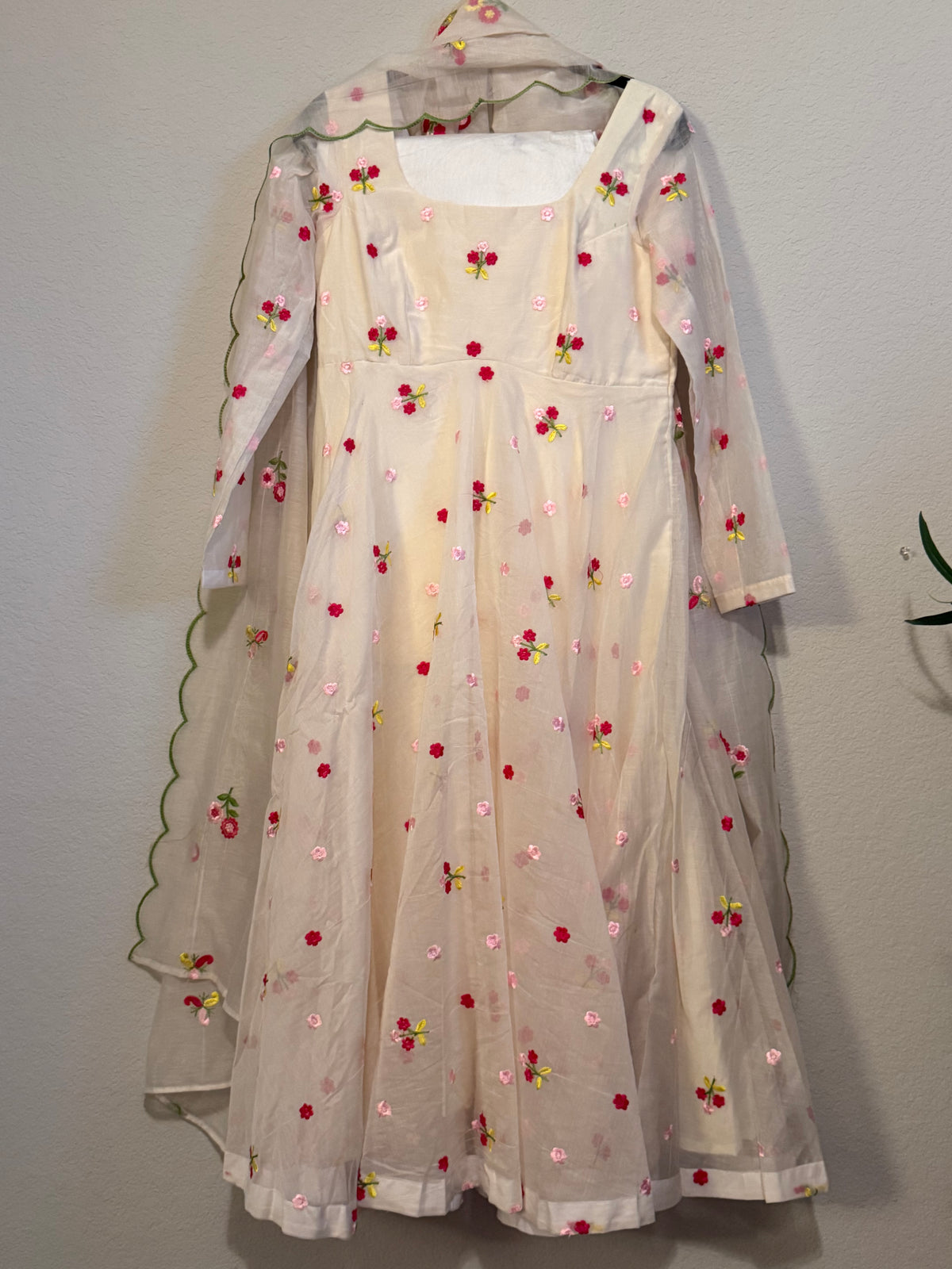Ivory Shade Mul Chanderi Heavy Flared Floral Anarkali Set - Top, Pant and Dupatta