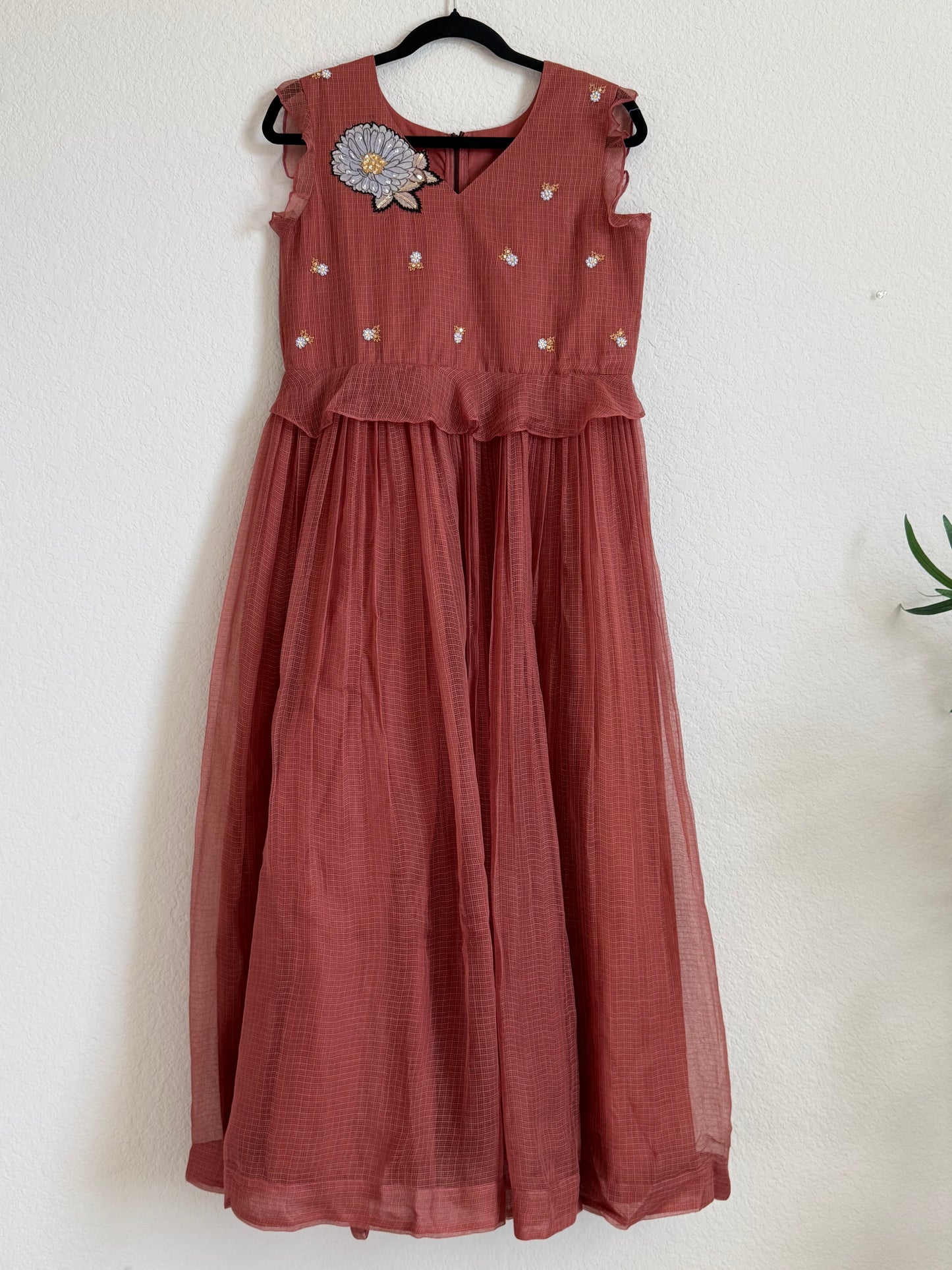 Brown Kota Applique Maggam Work Dress