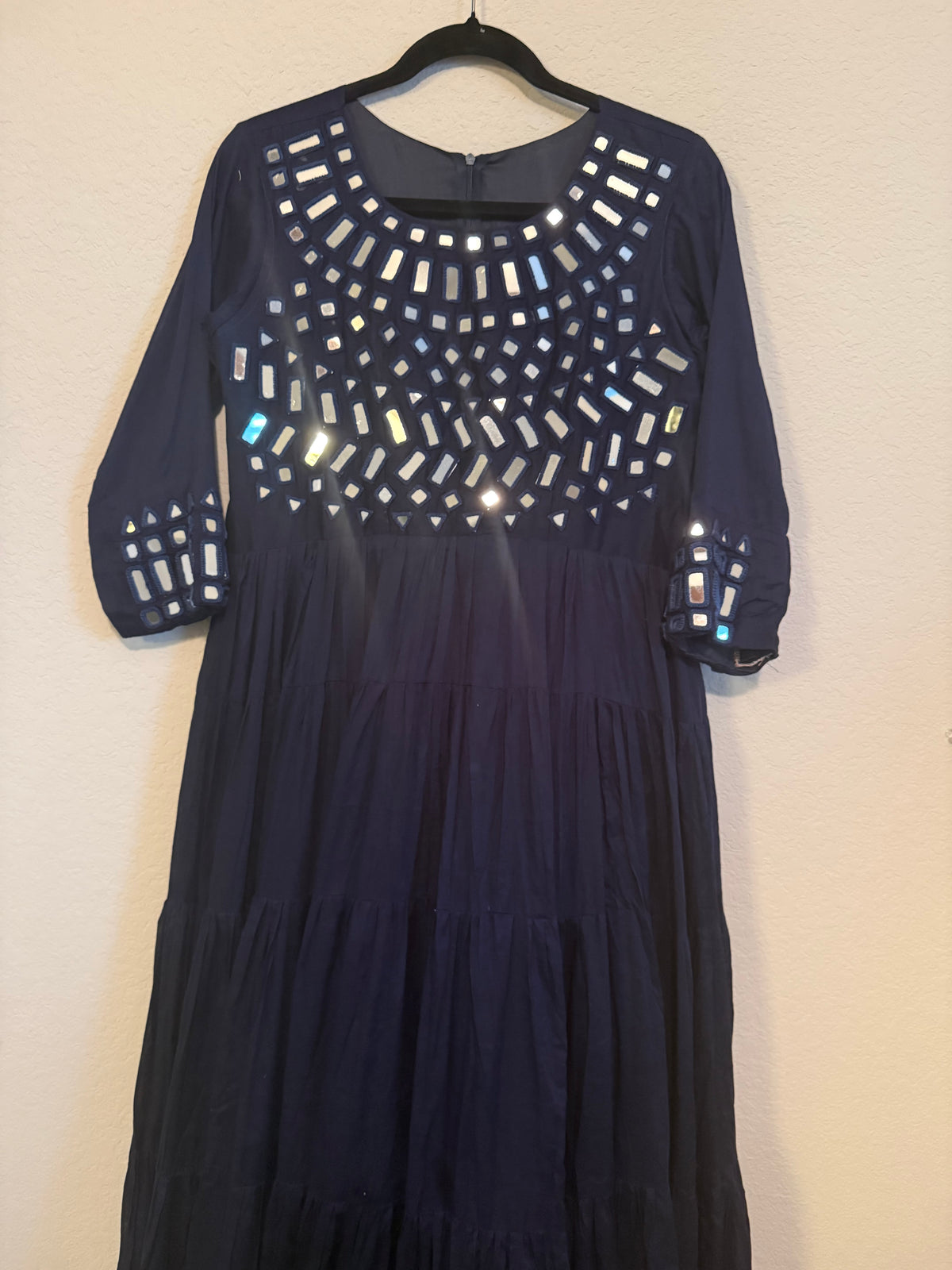 Navy Blue Mirror Work Heavy Flared Anarkali Long Dress