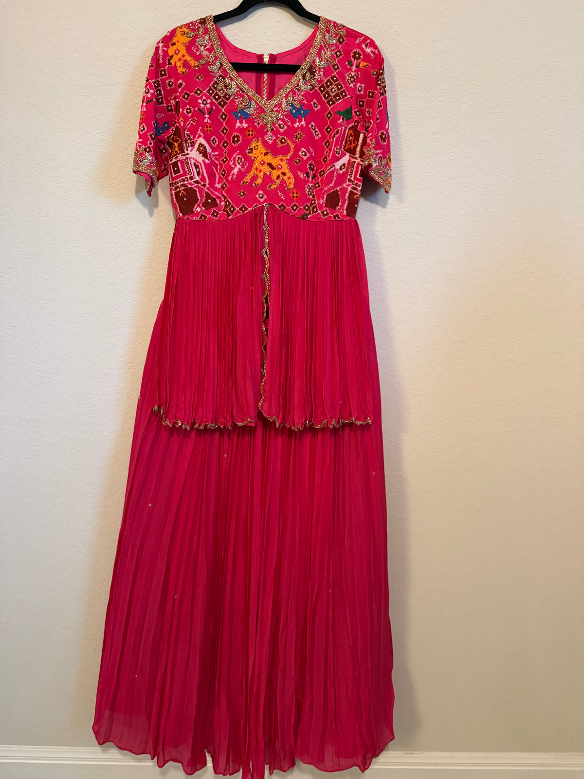 Pink Pure Patola Peplum Top with Skirt Set