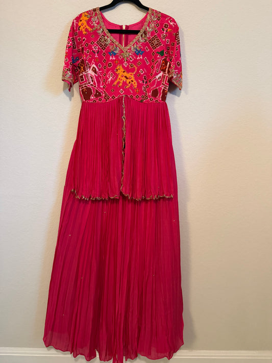 Pink Pure Patola Peplum Top with Skirt Set