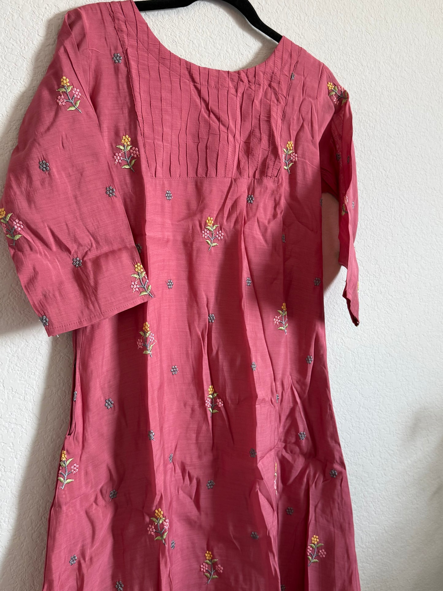 Peach Floral Embroidered Mul Chanderi A-line Kurti