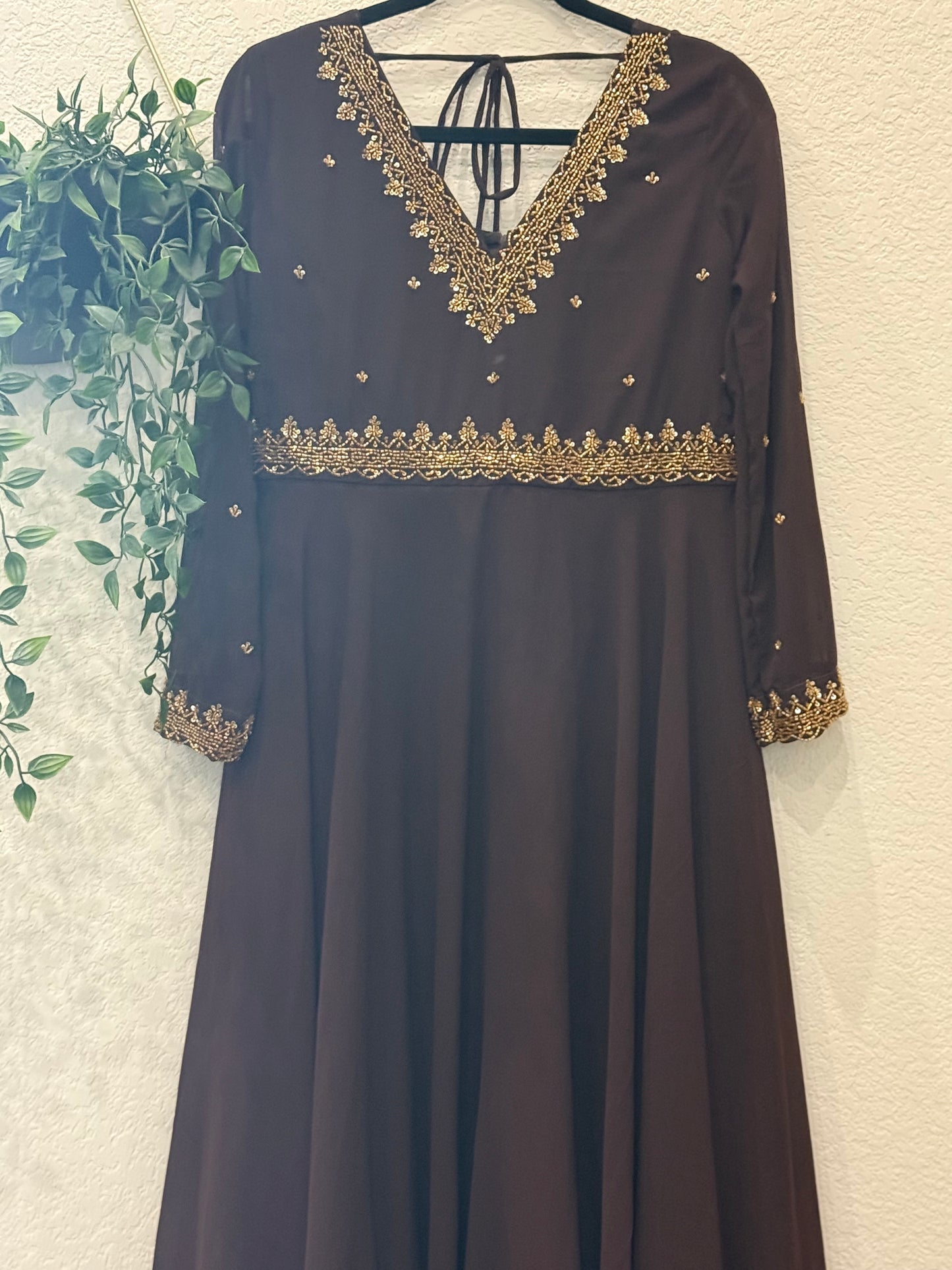 Brown georgette maggam work heavy flared anarkali tunic
