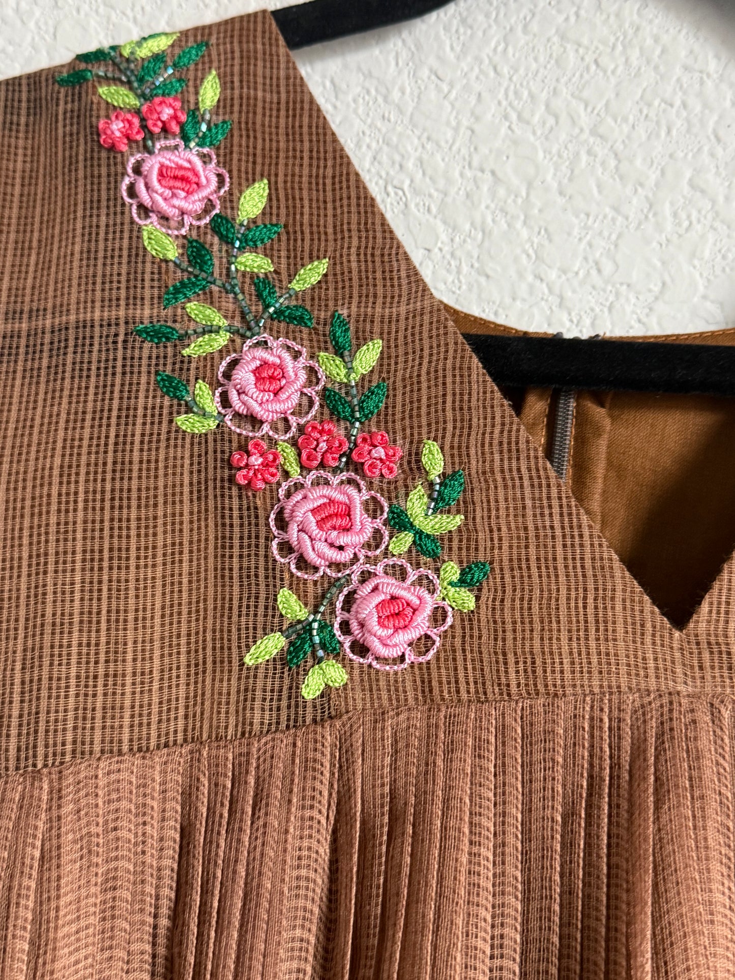 Brown Kota Sleeveless Maggam Work Dress