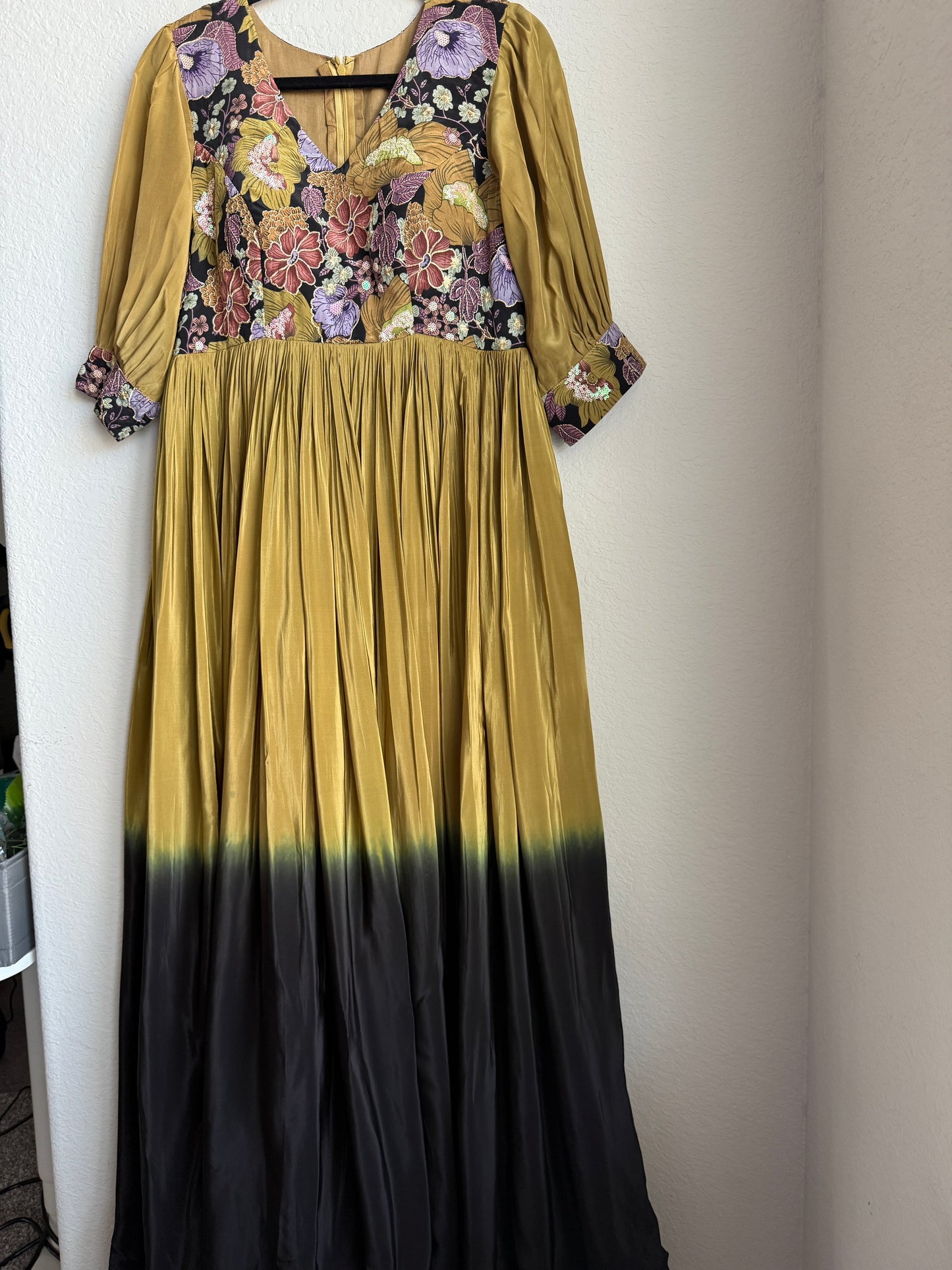 Khaki with black dual shade crape long anarkali dress