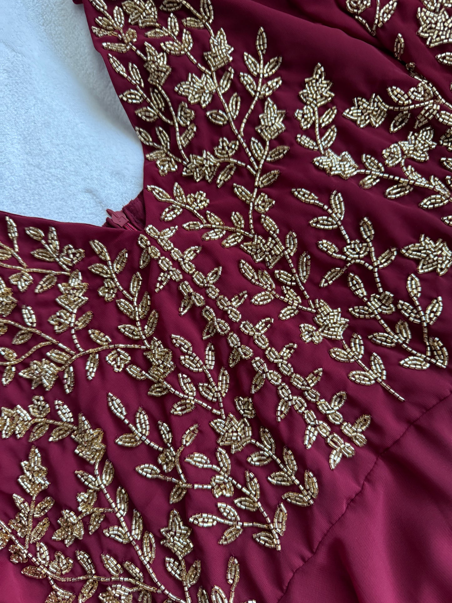 Maroon maggam work georgette heavy flare full sleeve anarkali tunic