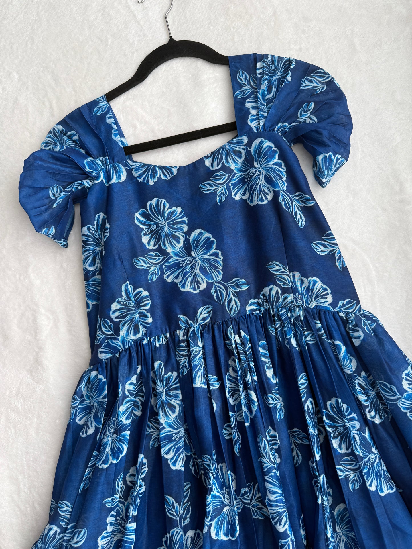 Blue floral chanderi swan sleeve midi dress