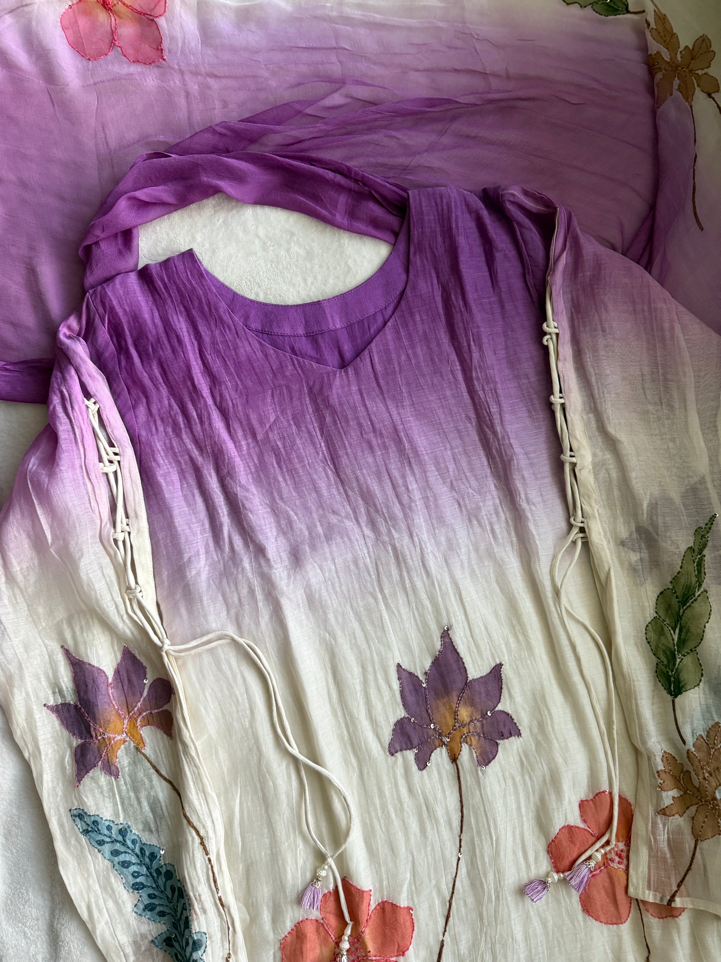 Lavender Mul Chanderi A-Line Kurti Set with Applique Work – Festive Indian Designer Outfit