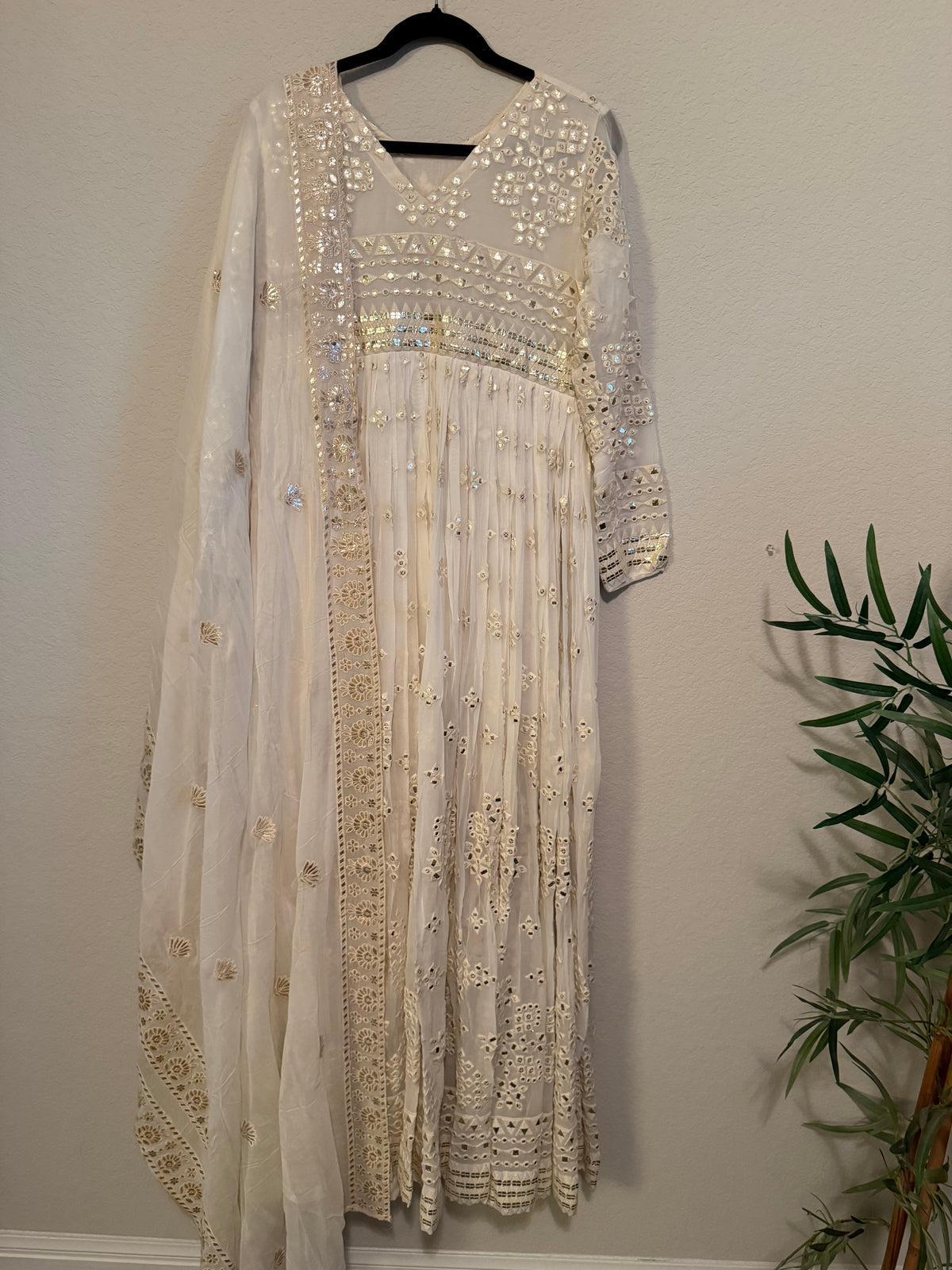 Ivory Shade Gotapatti Chikanwork Heavy Flared Long Anarkali Set - Top and Dupatta