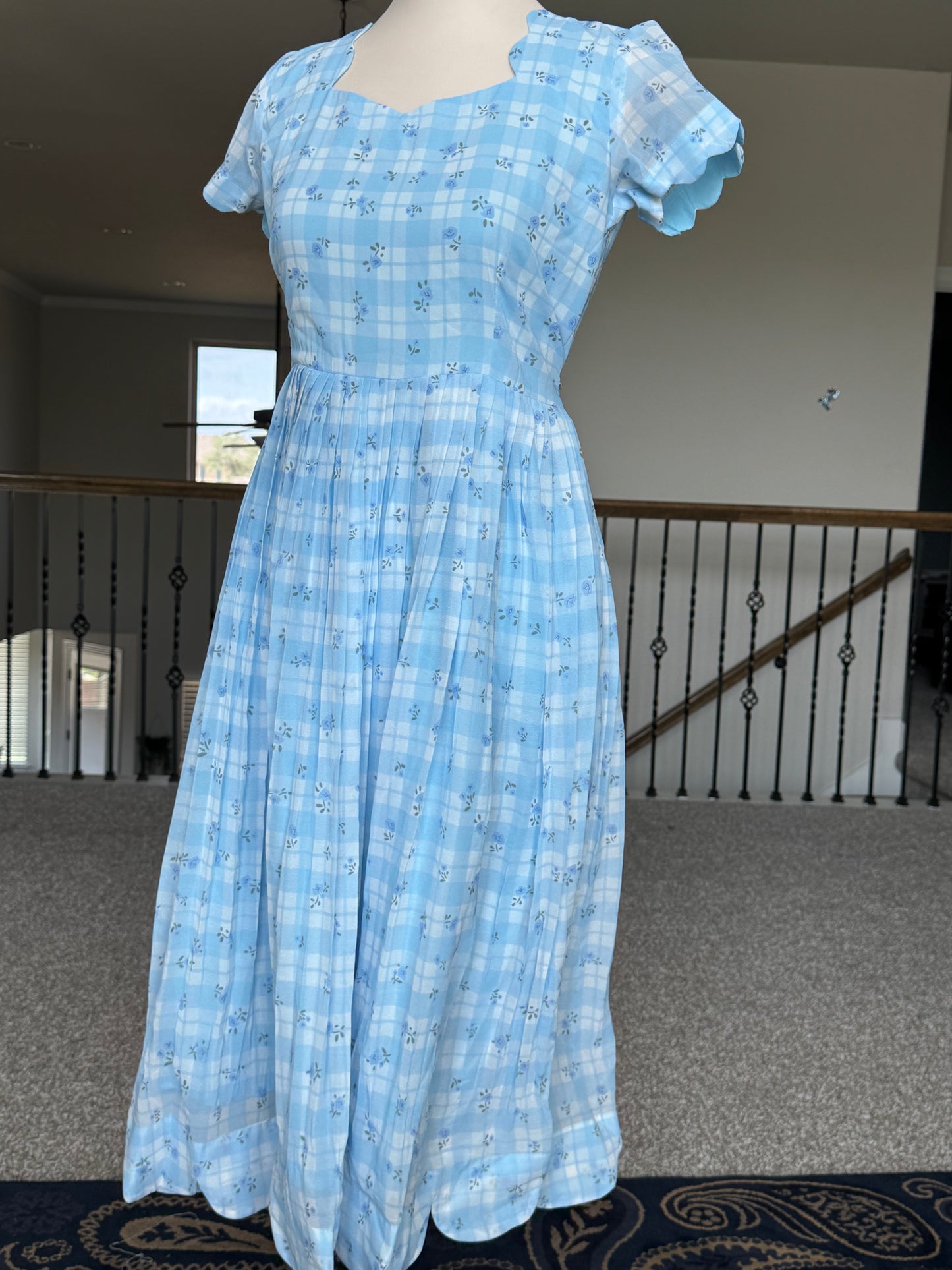 Blue Floral Checks Georgette scallop style frock with short scallop sleeve