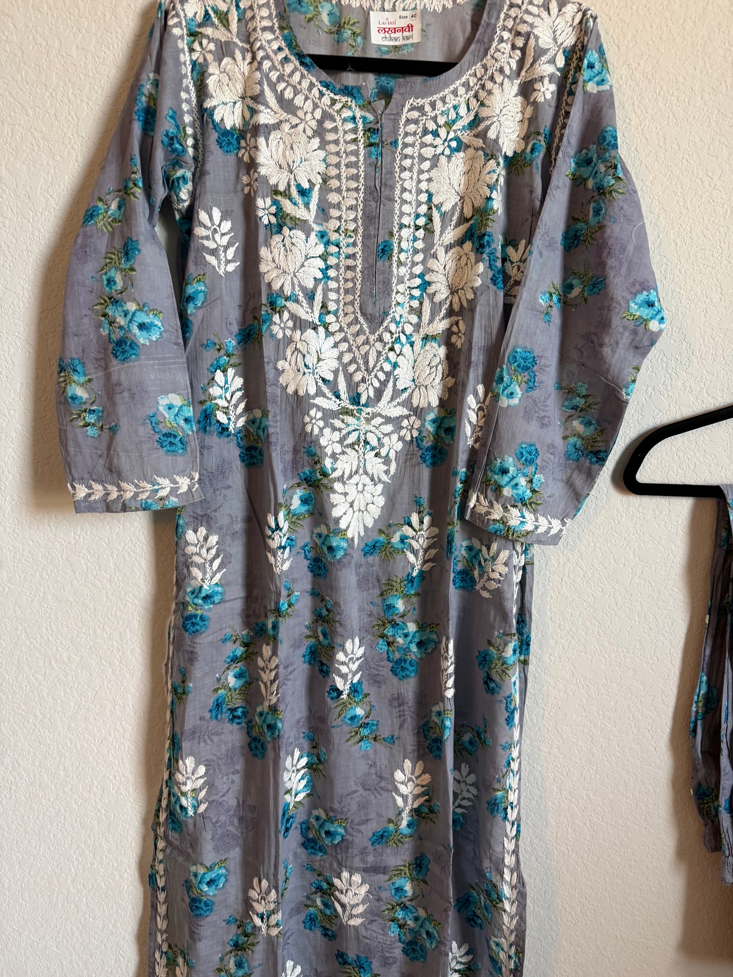 Gray Floral Printed Cotton Chikankari Coord Set - Top with Palazzo