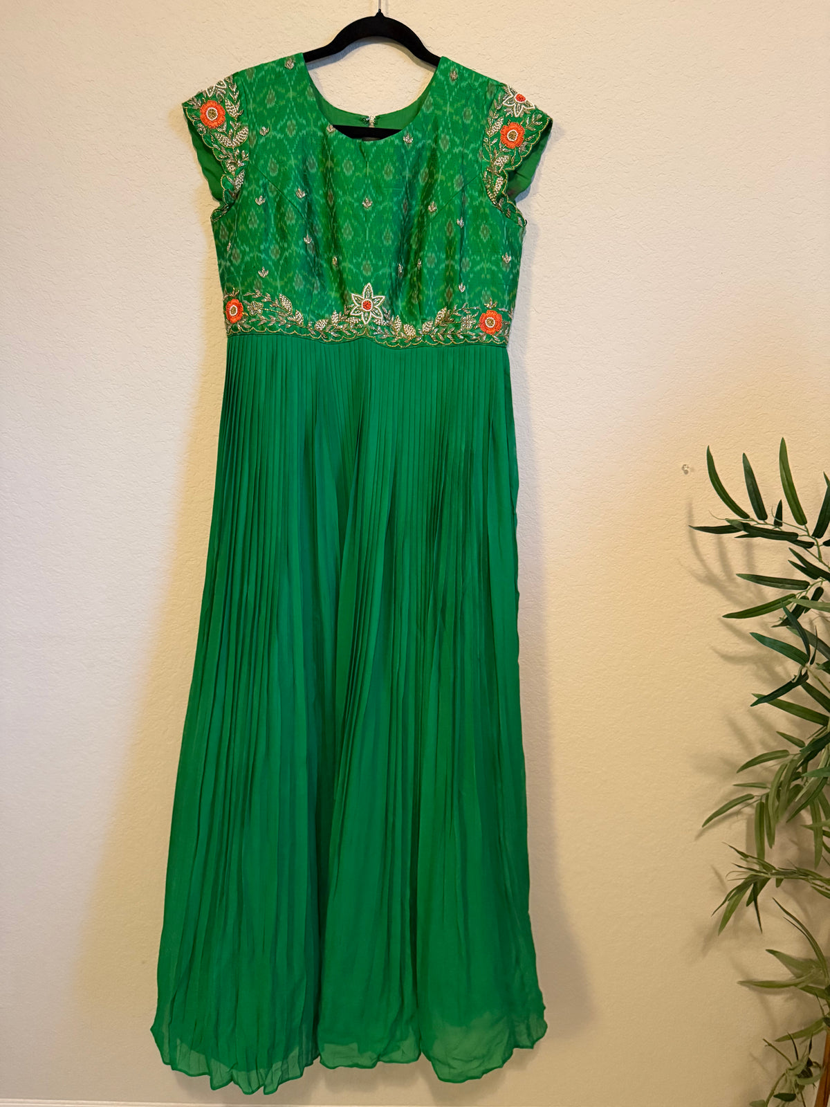 Green Raw Silk Ikkath Maggam Work Designer Long Dress with Short Sleeve