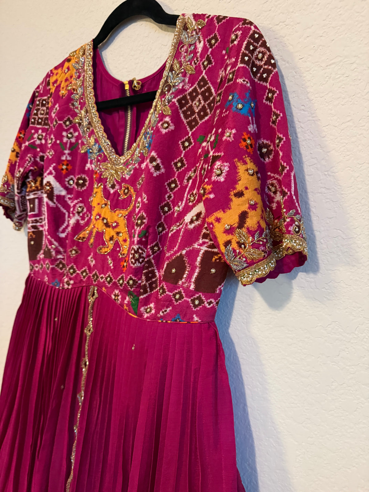 Magenta Orange Pure Patola Peplum Top with Skirt Set