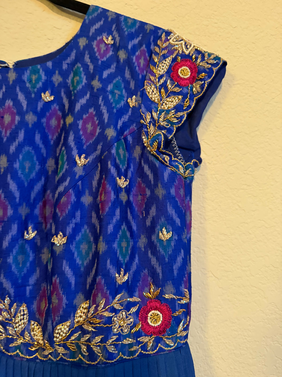 Blue Raw Silk Ikkath Maggam Work Designer Long Dress with Short Sleeve