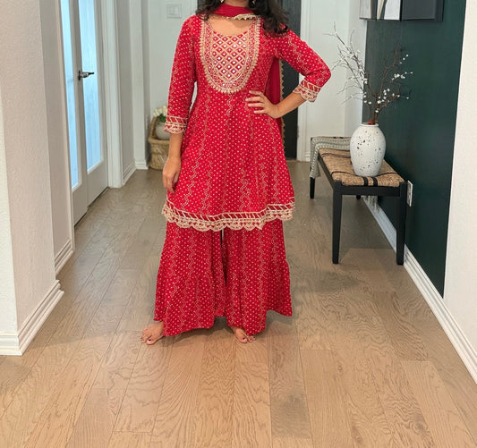 Red bandhini sharara set