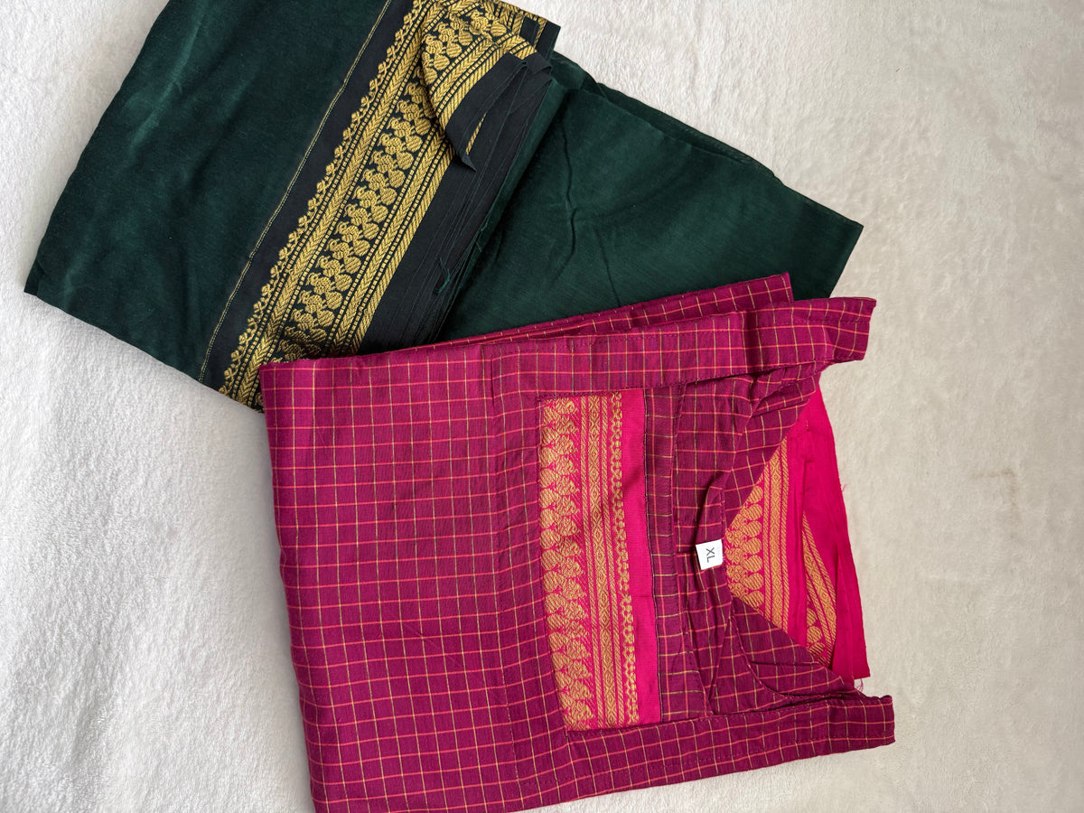 Pink with Green Handloom Checks Top and Dupatta Set