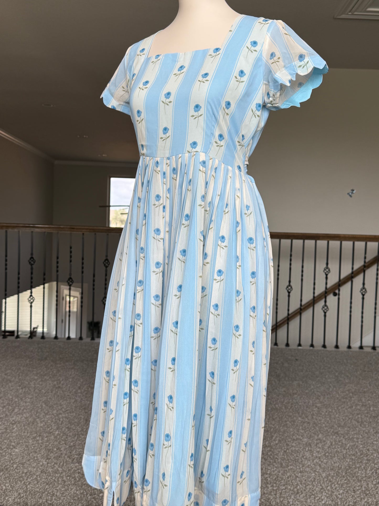 Blue Floral Georgette scallop style frock with short scallop sleeve