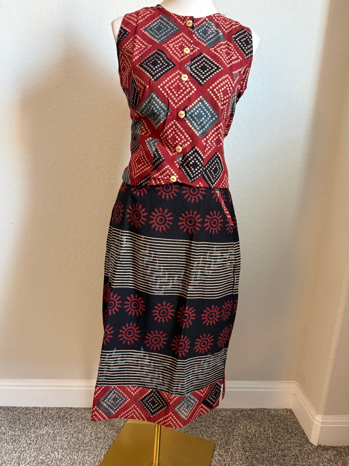 Maroon and Black Cotton Top with Cotton Skirt