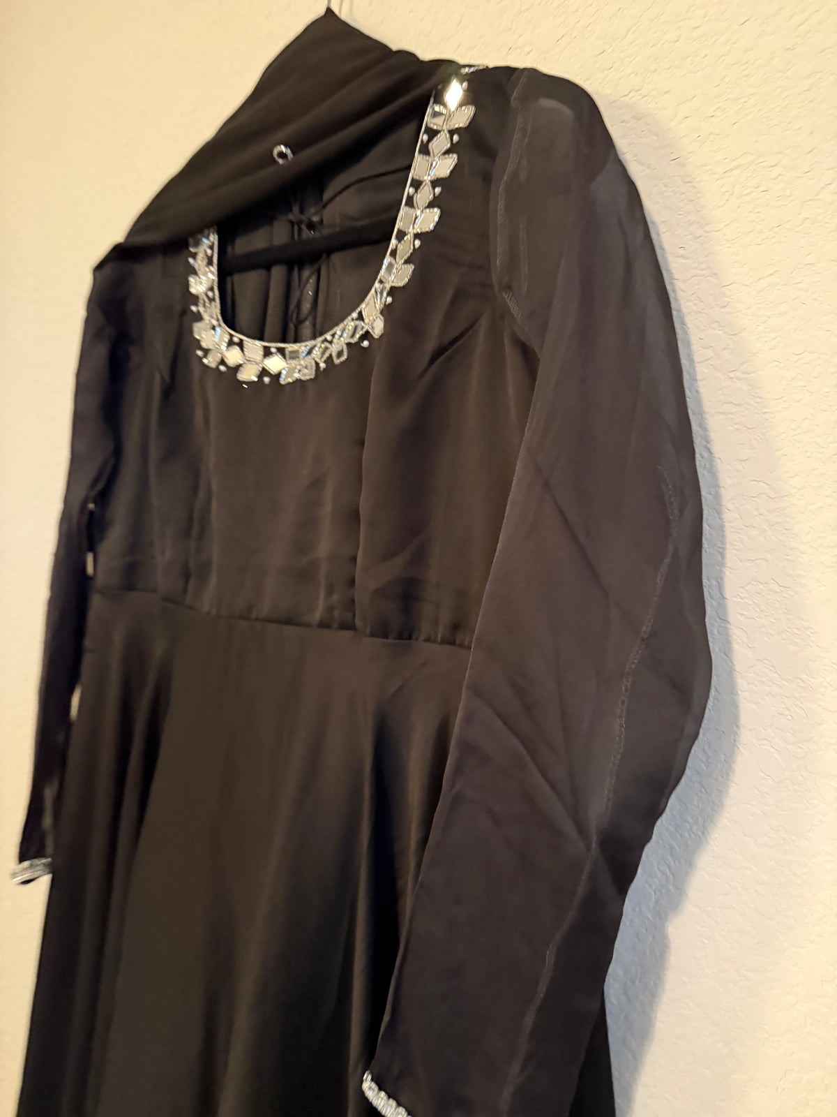 Black Mirror Work Georgette Heavy Flared Anarkali Set - Top and Dupatta
