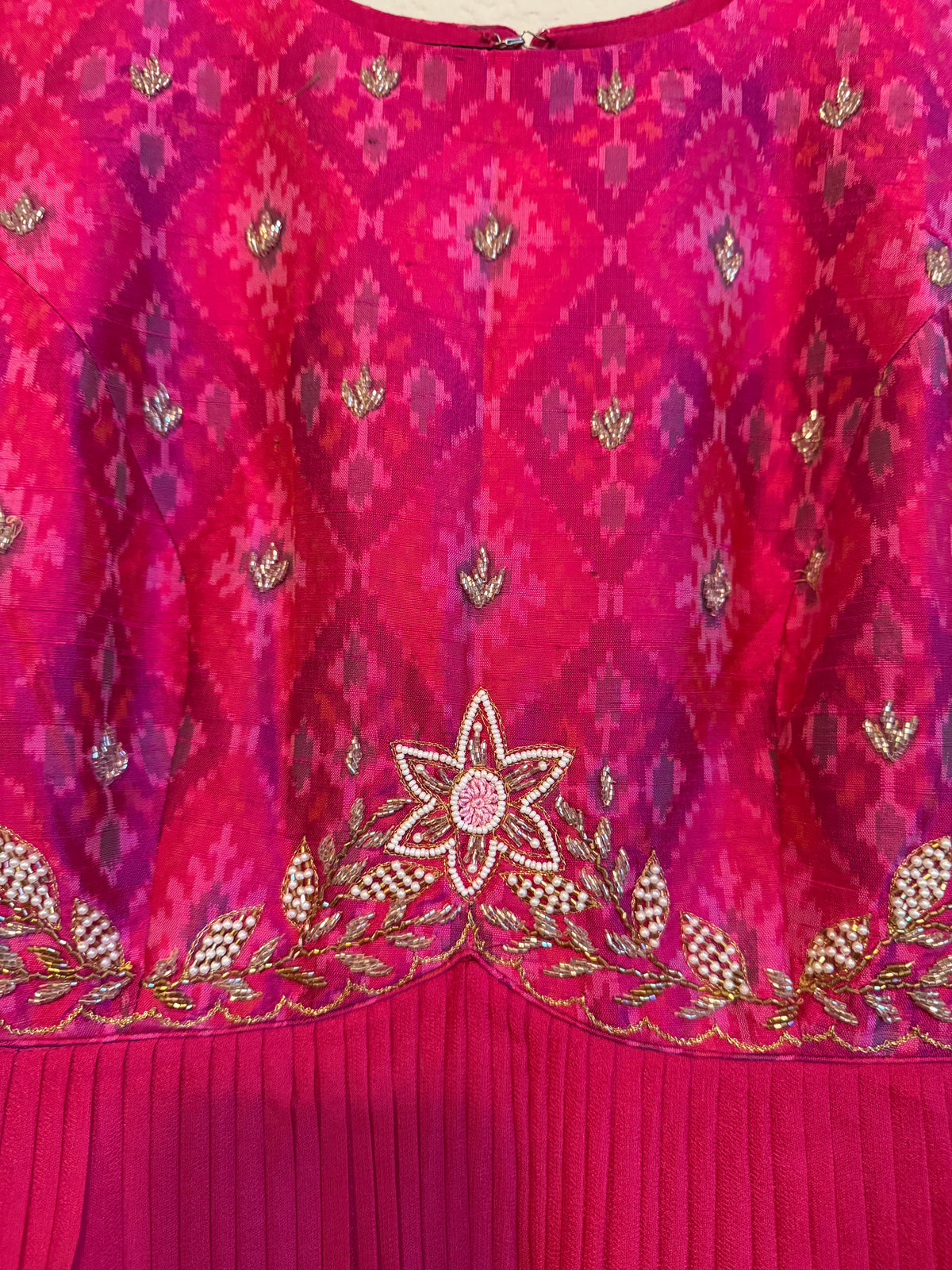 Pink Raw Silk Ikkath Maggam Work Designer Long Dress with Short Sleeve