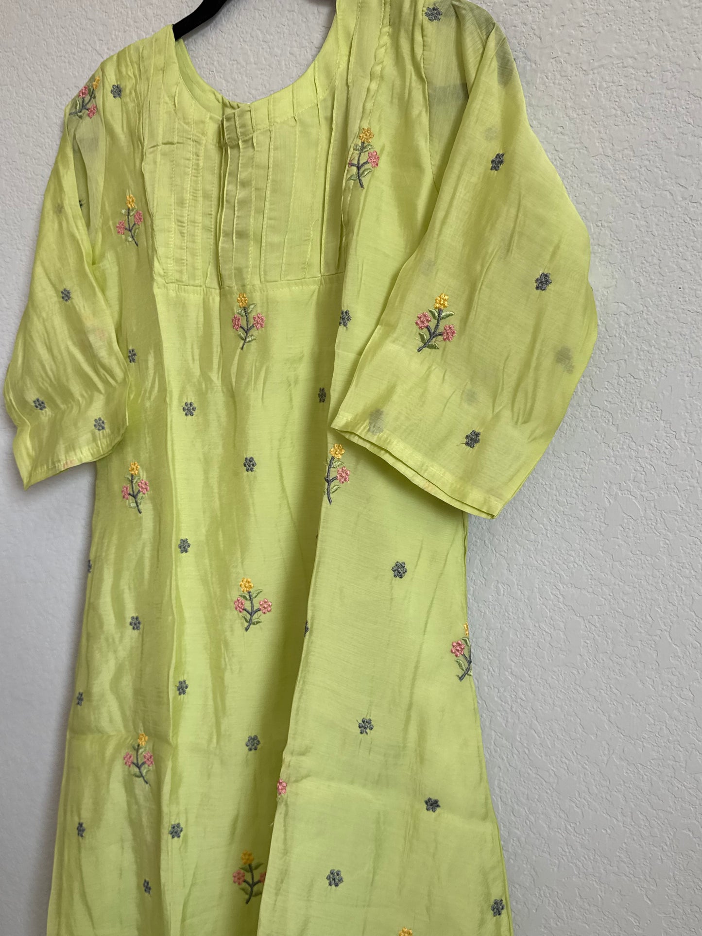 Green Floral Embroidered Mul Chanderi A-line Kurti