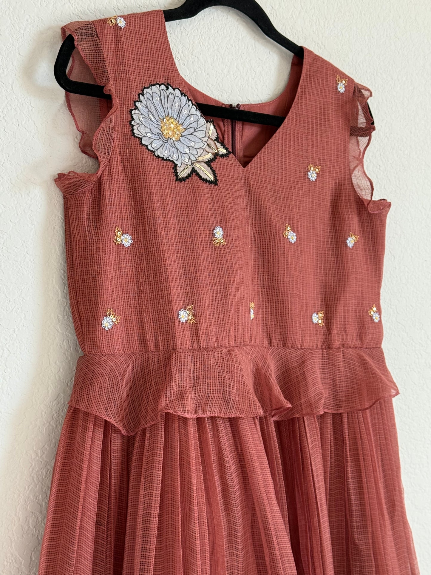 Brown Kota Applique Maggam Work Dress