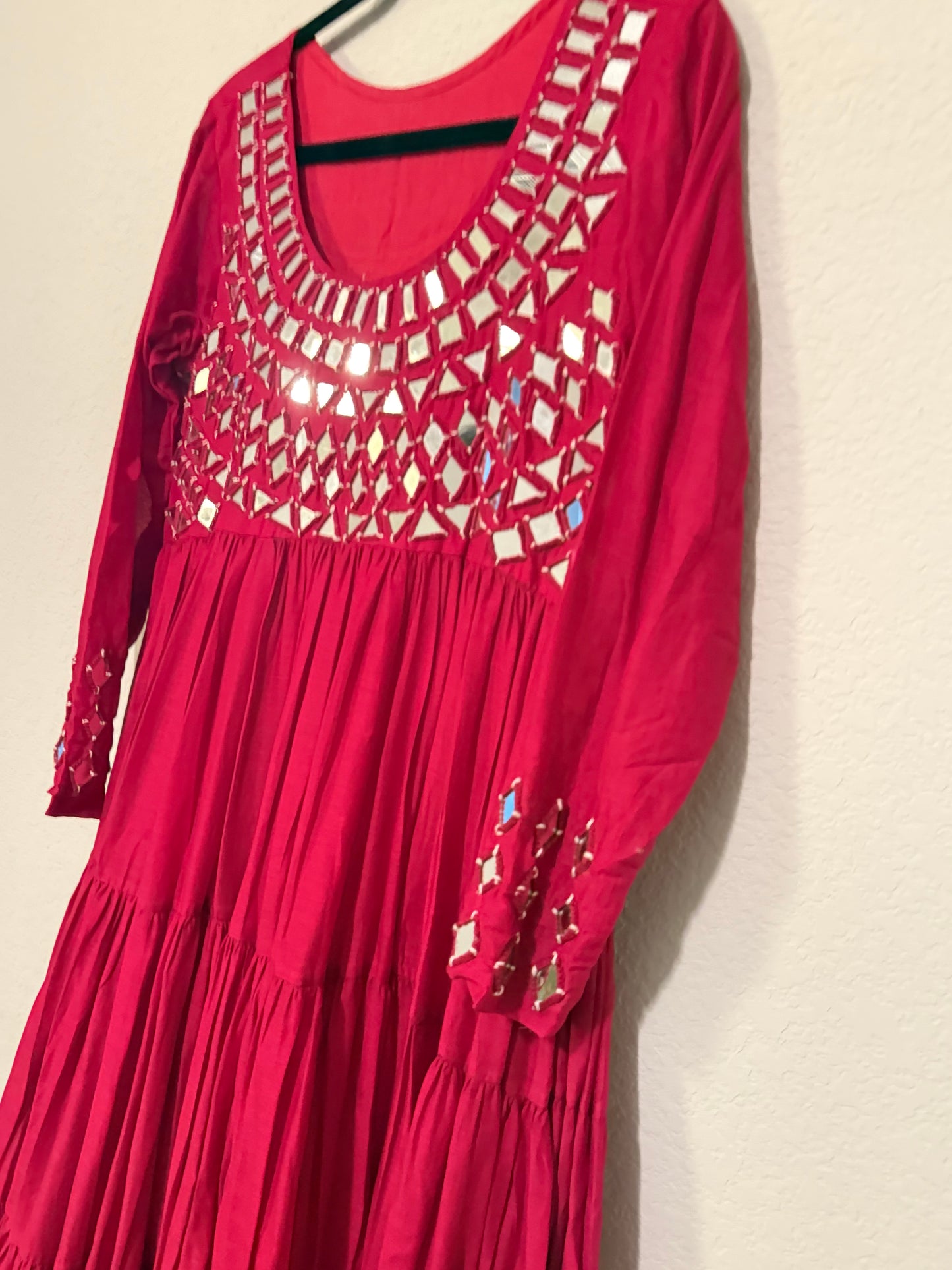 Pink Handwork Mirror Work Heavy Flared Anarkali Long Dress