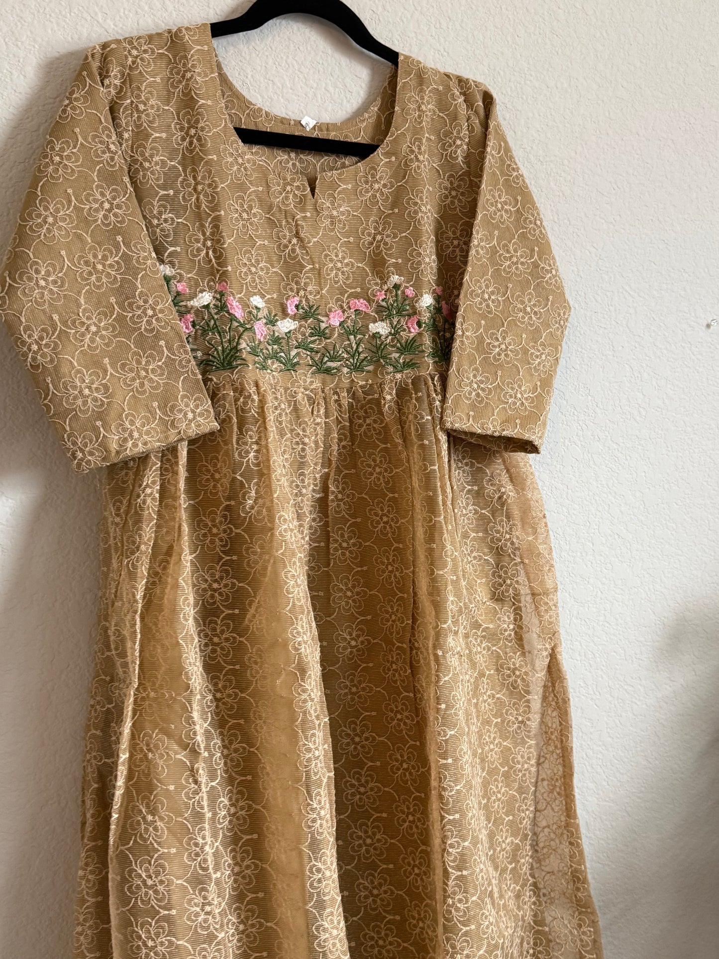 Biege Net Kota Embroidered Frock