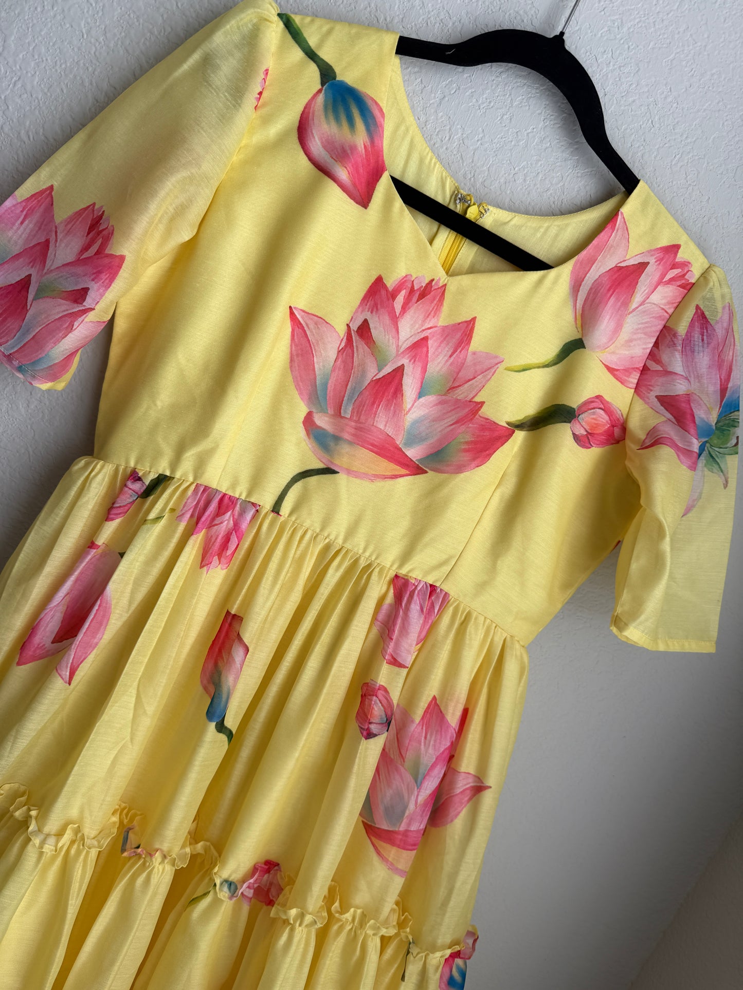 Yellow floral chanderi three tier midi dress