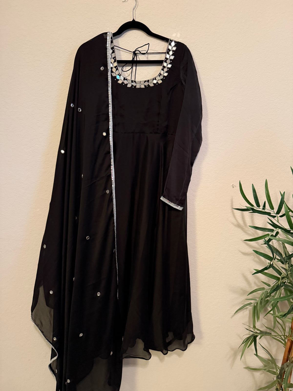 Black Mirror Work Georgette Heavy Flared Anarkali Set - Top and Dupatta