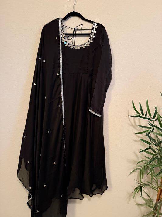 Black Mirror Work Georgette Heavy Flared Anarkali Set - Top and Dupatta