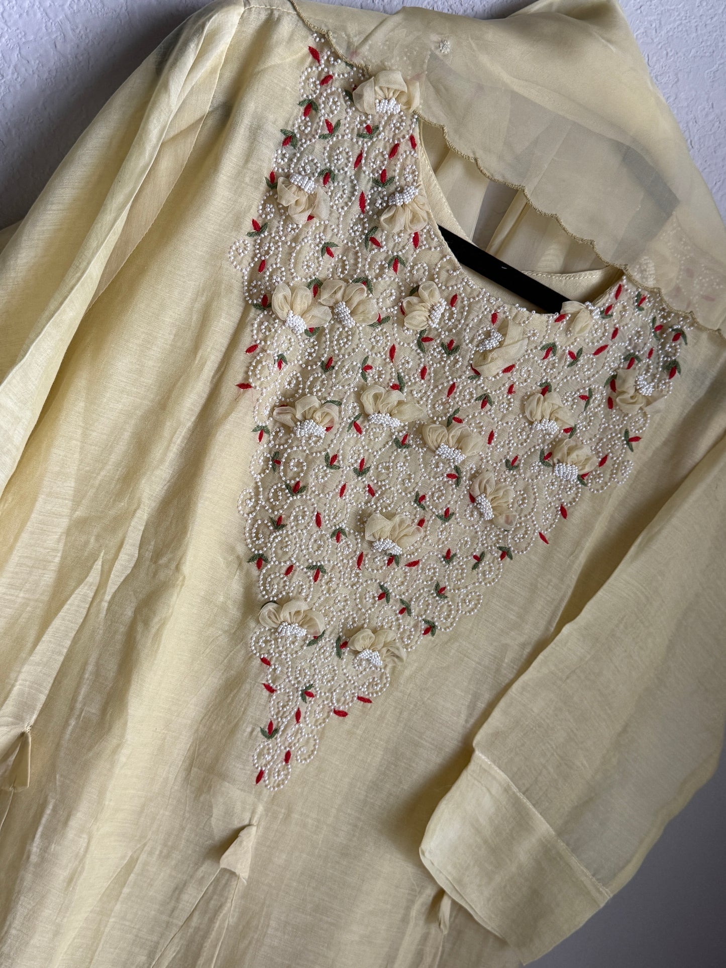 Pastel Yellow Mul Chanderi Kurti Set with Pearl Work and Organza Dupatta – Festive Indian Designer Suit