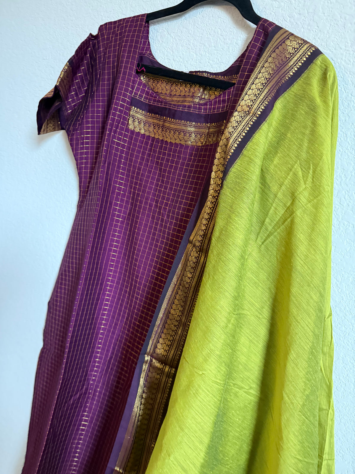 Magenta with Parrot Green Handloom Checks Top and Dupatta Set