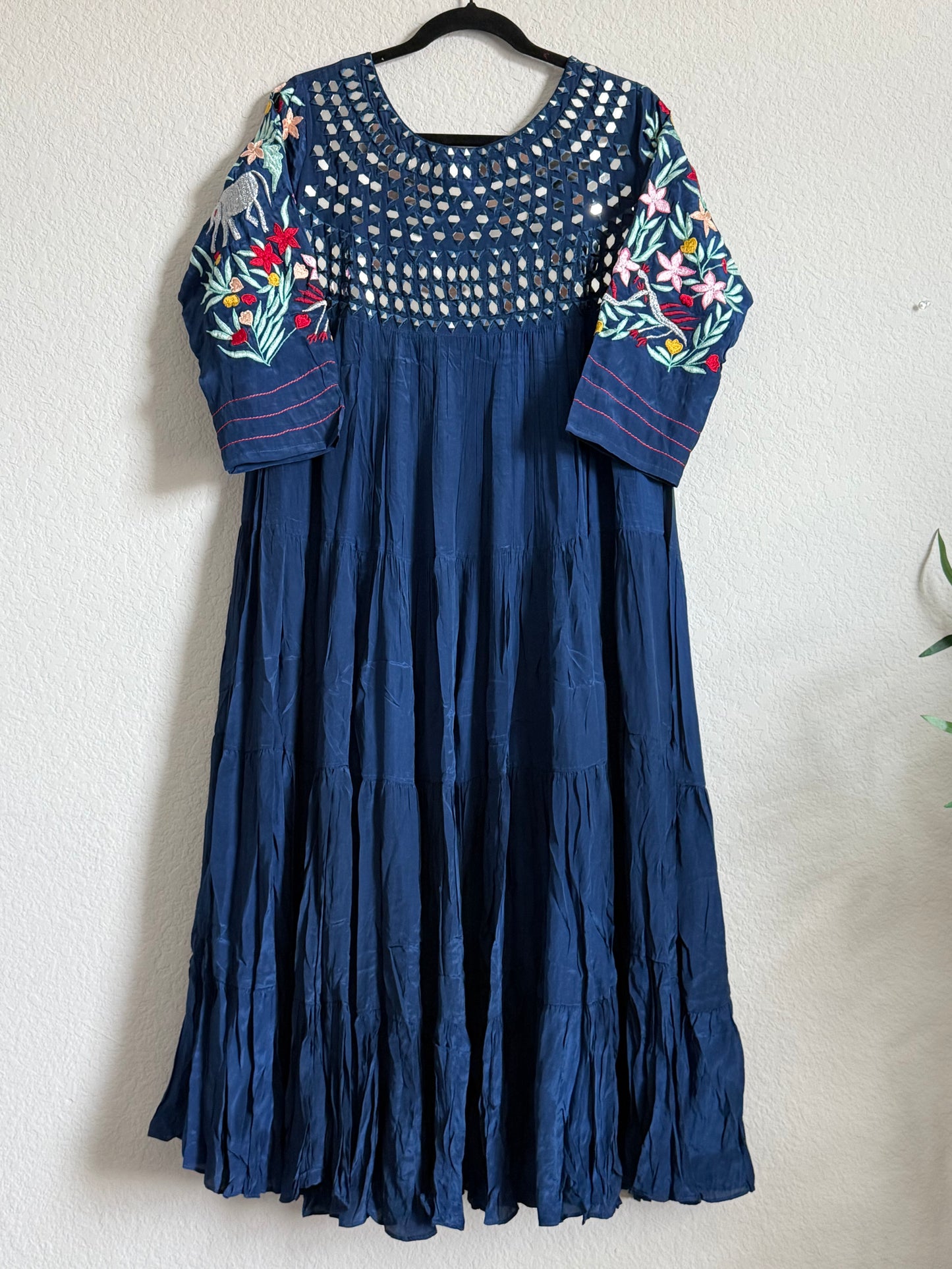 Navy Blue Heavy mirror work chinnon embroidered gown